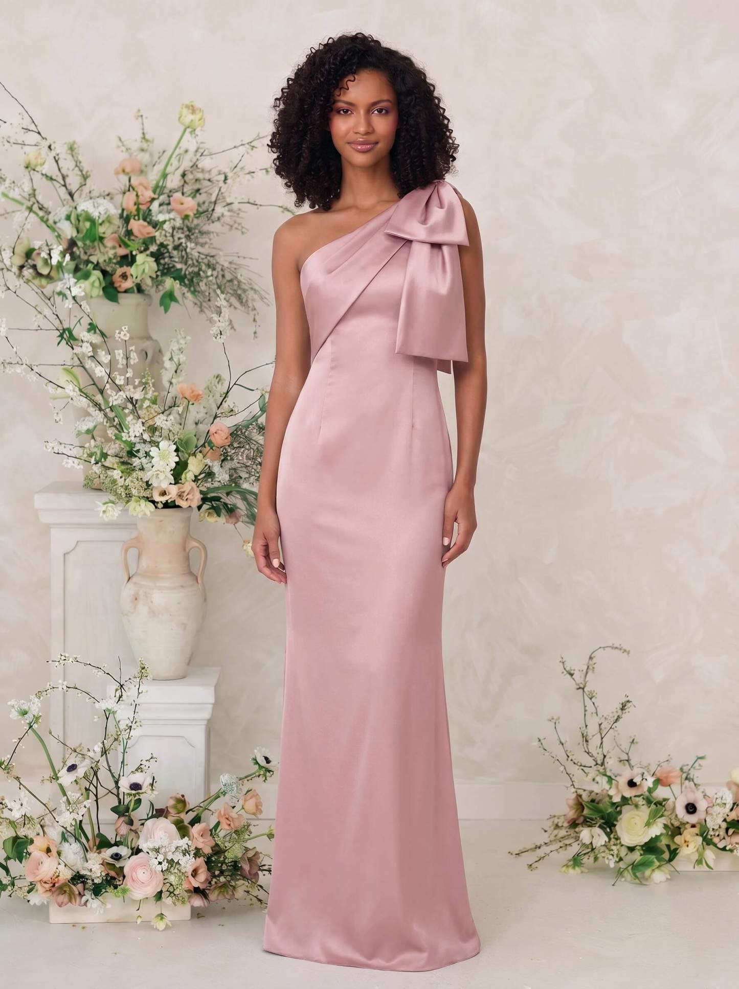 Sheath/Column One-Shoulder Satin Bridesmaid Dresses With Bow(s) in Dusty Rose, US2