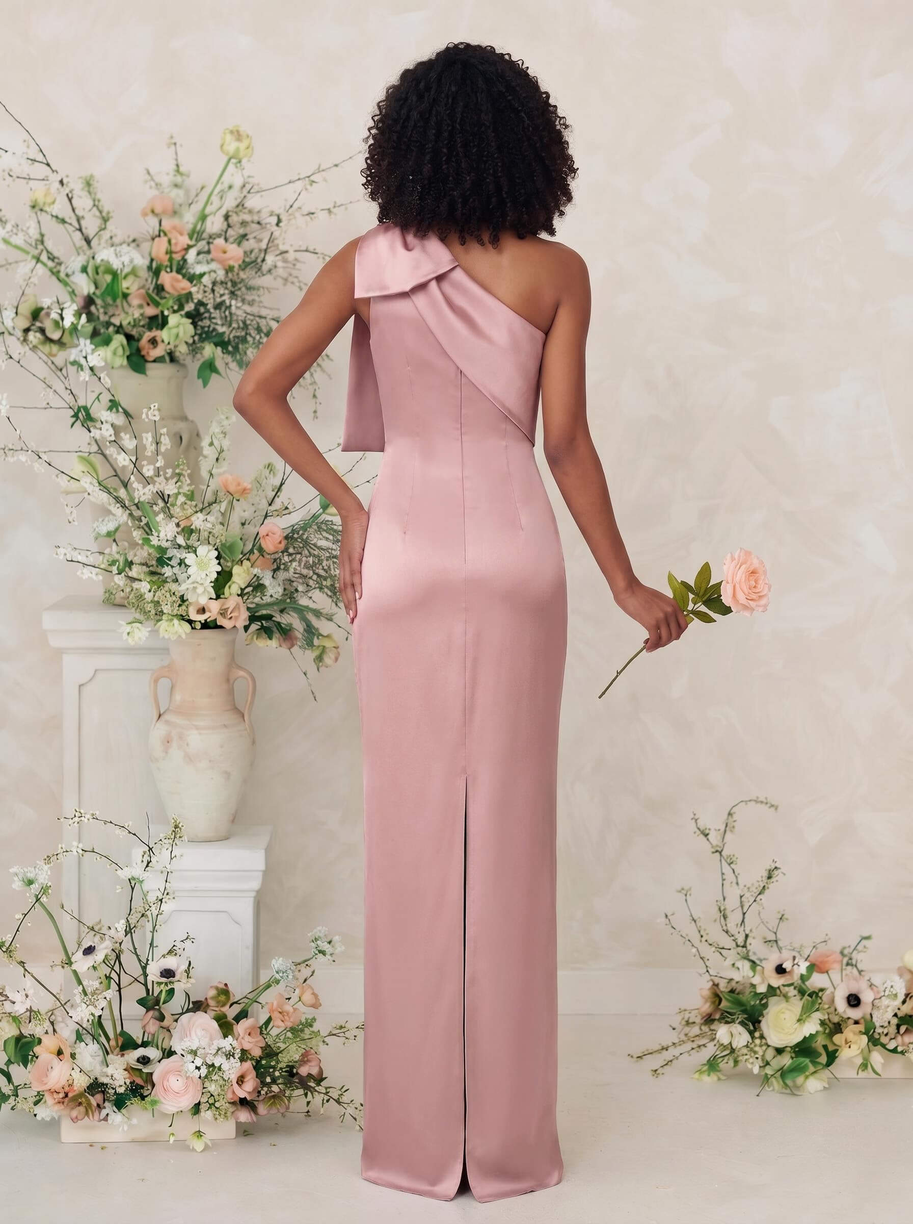 Sheath/Column One-Shoulder Satin Bridesmaid Dresses With Bow(s), product image 2