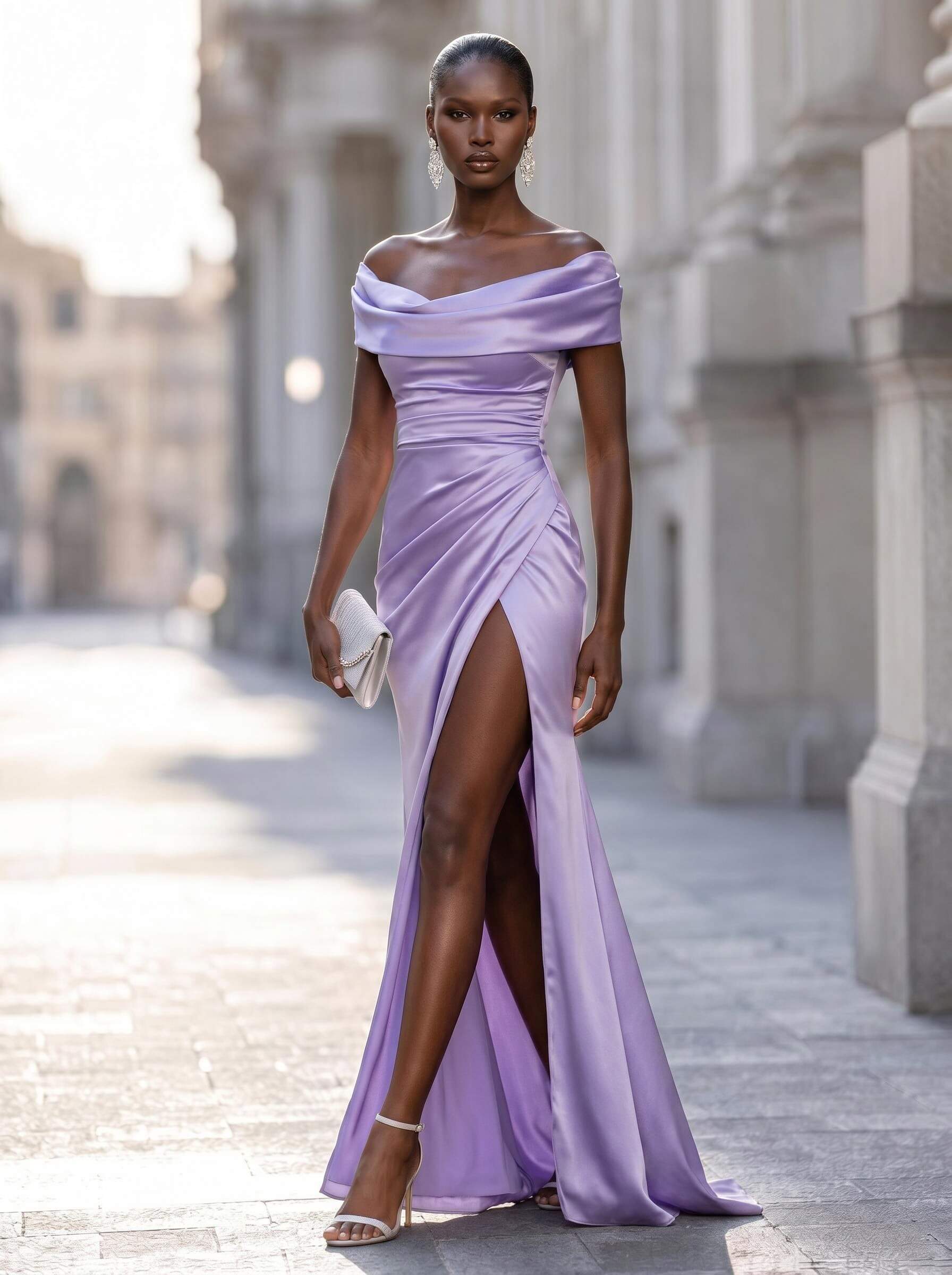 Sheath/Column Cowl Neck Short Sleeves Sweep Train Charmeuse Evening Dresses With Split Front, supplier image 1
