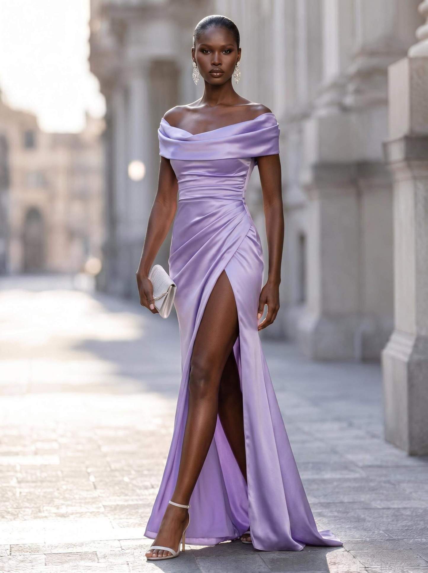 Sheath/Column Cowl Neck Short Sleeves Sweep Train Charmeuse Evening Dresses With Split Front in As Picture, US2