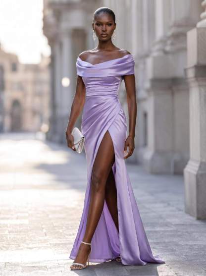 Sheath/Column Cowl Neck Short Sleeves Sweep Train Charmeuse Evening Dresses With Split Front in As Picture, US2