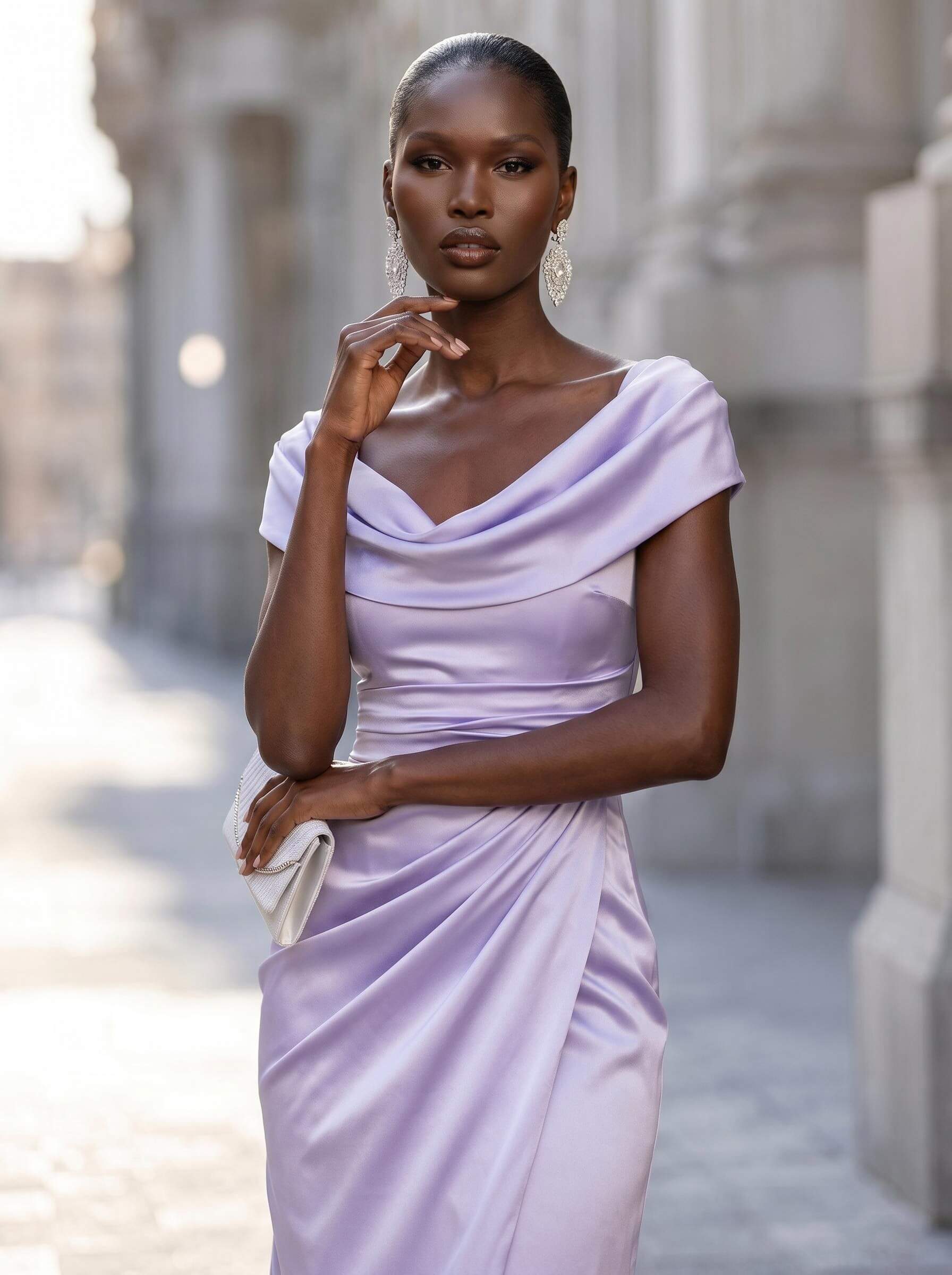 Sheath/Column Cowl Neck Short Sleeves Sweep Train Charmeuse Evening Dresses With Split Front, supplier image 2