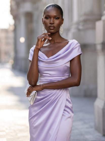 Sheath/Column Cowl Neck Short Sleeves Sweep Train Charmeuse Evening Dresses With Split Front, supplier image 2