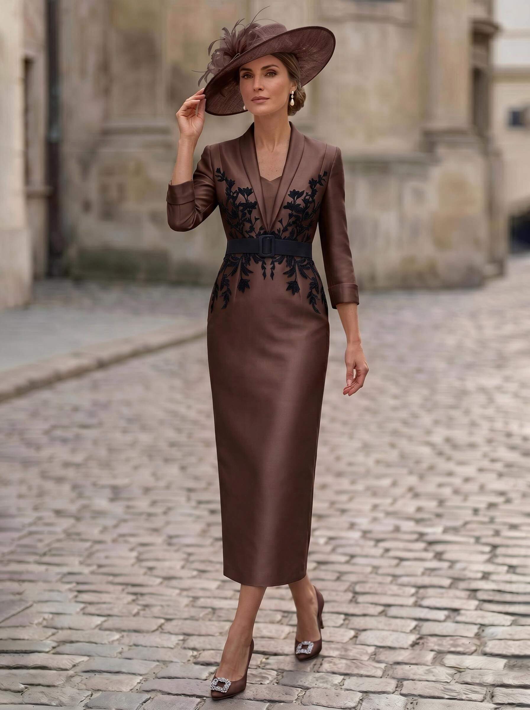 Sheath/Column V-Neck 3/4 Sleeves Tea-Length Satin Mother Of The Bride Dresses