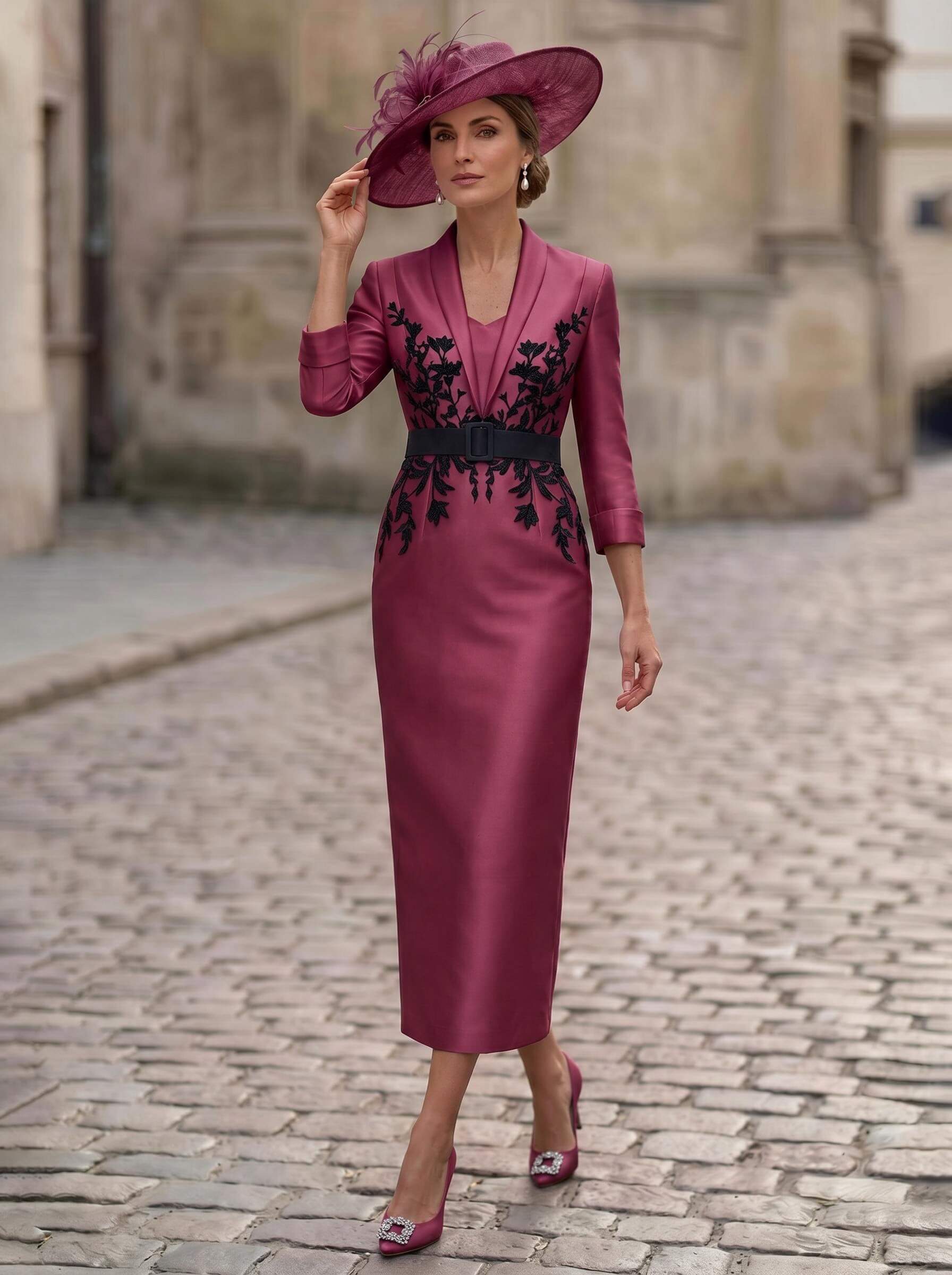 Sheath/Column V-Neck 3/4 Sleeves Tea-Length Satin Mother Of The Bride Dresses