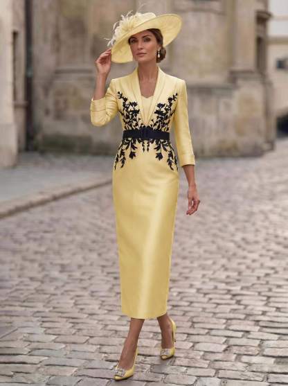 Sheath/Column V-Neck 3/4 Sleeves Tea-Length Satin Mother Of The Bride Dresses