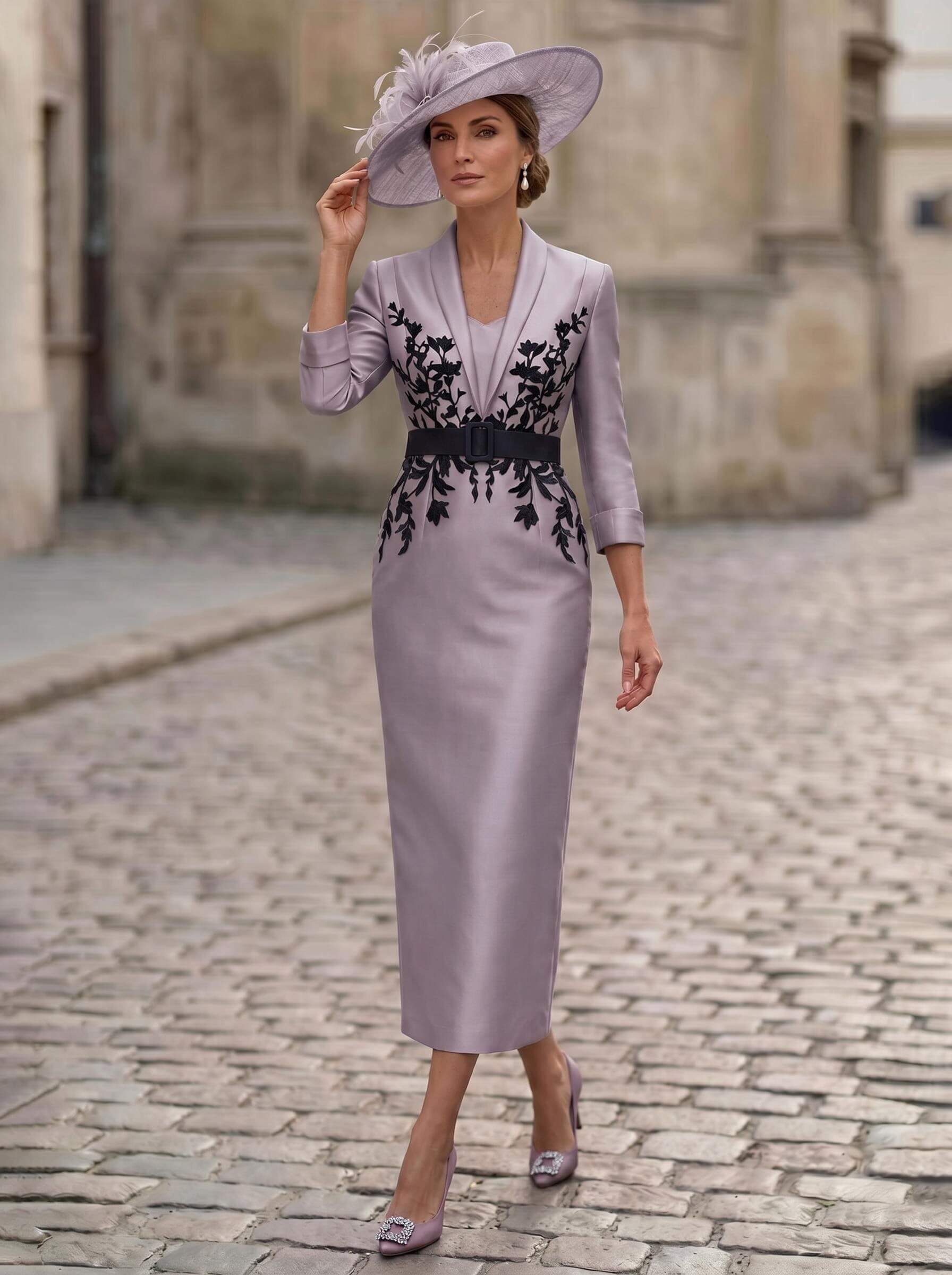 Sheath/Column V-Neck 3/4 Sleeves Tea-Length Satin Mother Of The Bride Dresses