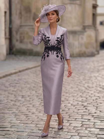 Sheath/Column V-Neck 3/4 Sleeves Tea-Length Satin Mother Of The Bride Dresses