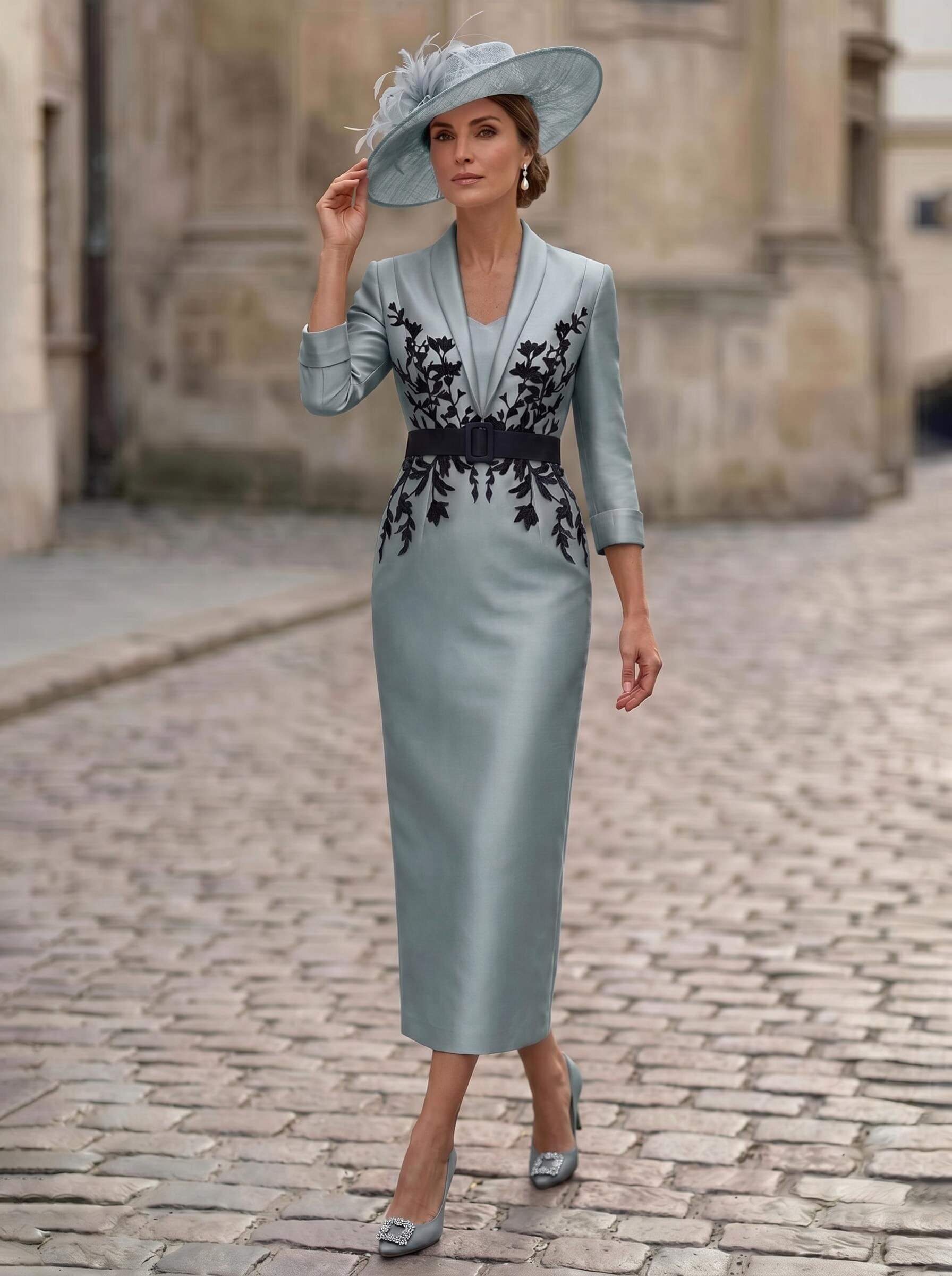 Sheath/Column V-Neck 3/4 Sleeves Tea-Length Satin Mother Of The Bride Dresses
