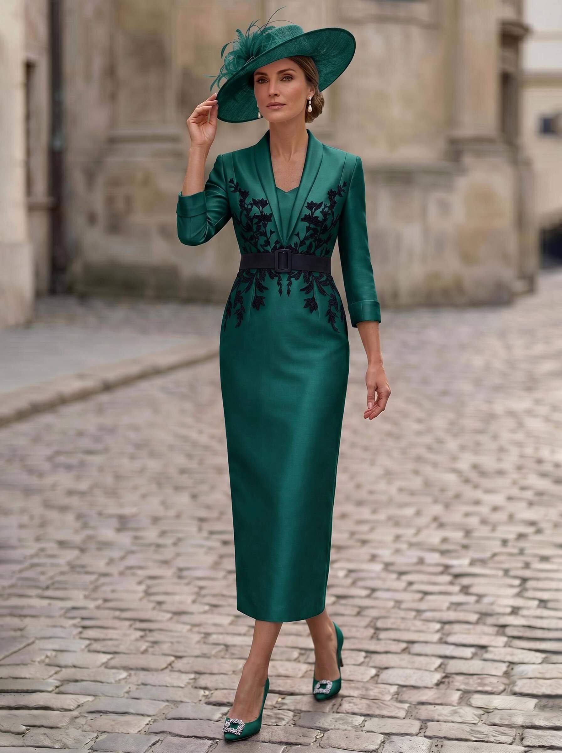 Sheath/Column V-Neck 3/4 Sleeves Tea-Length Satin Mother Of The Bride Dresses
