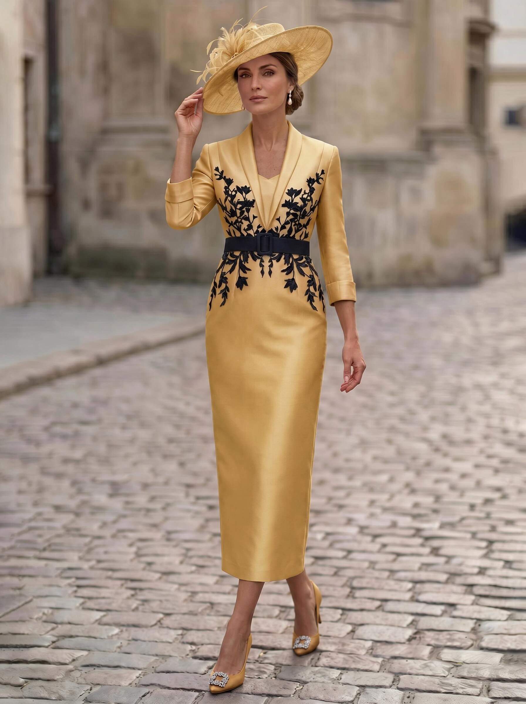 Sheath/Column V-Neck 3/4 Sleeves Tea-Length Satin Mother Of The Bride Dresses