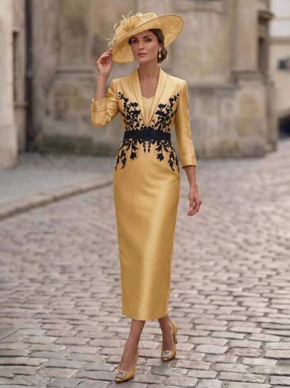 Sheath/Column V-Neck 3/4 Sleeves Tea-Length Satin Mother Of The Bride Dresses