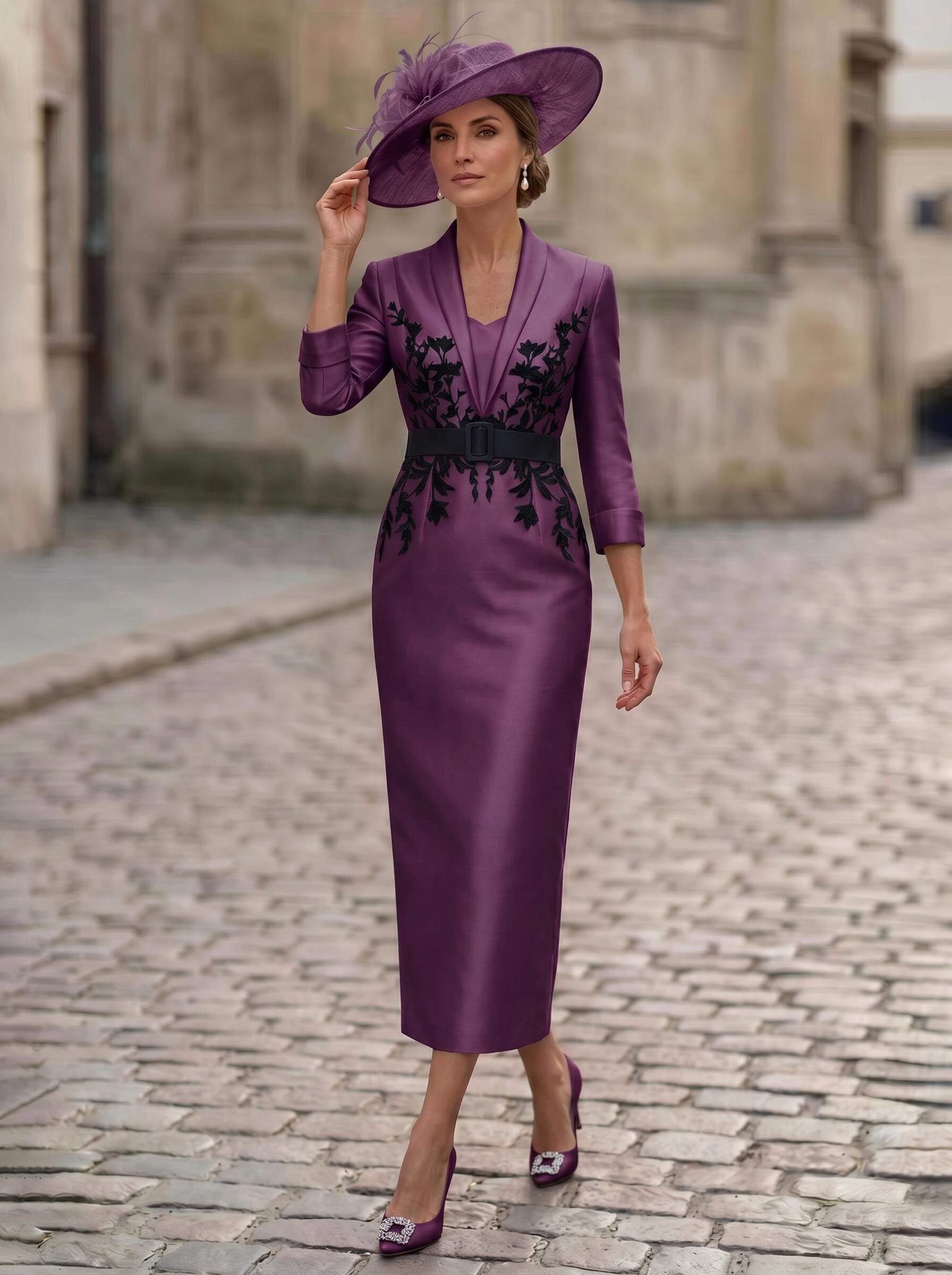 Sheath/Column V-Neck 3/4 Sleeves Tea-Length Satin Mother Of The Bride Dresses