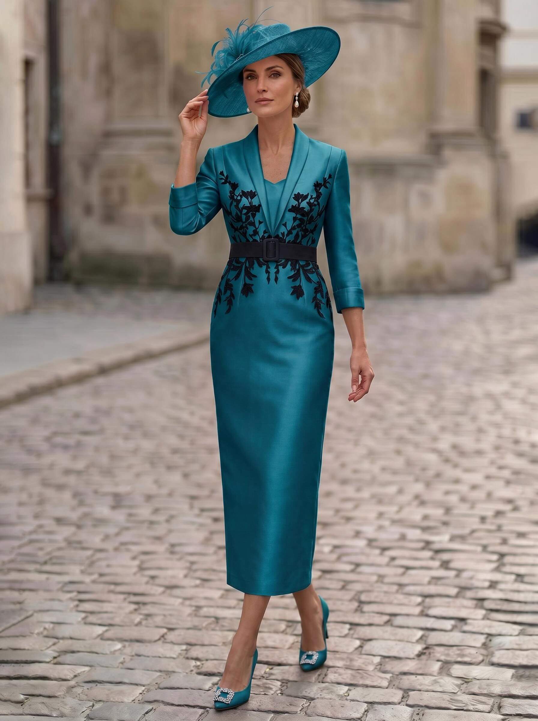 Sheath/Column V-Neck 3/4 Sleeves Tea-Length Satin Mother Of The Bride Dresses