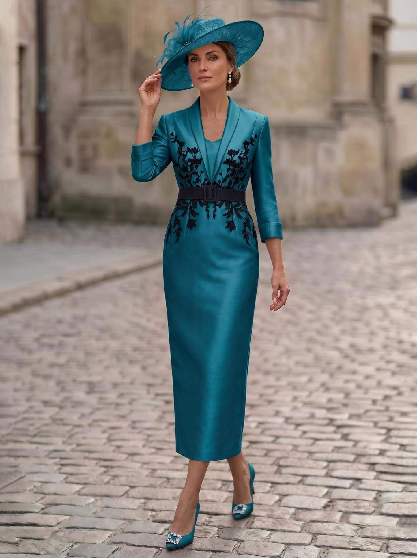 Sheath/Column V-Neck 3/4 Sleeves Tea-Length Satin Mother Of The Bride Dresses