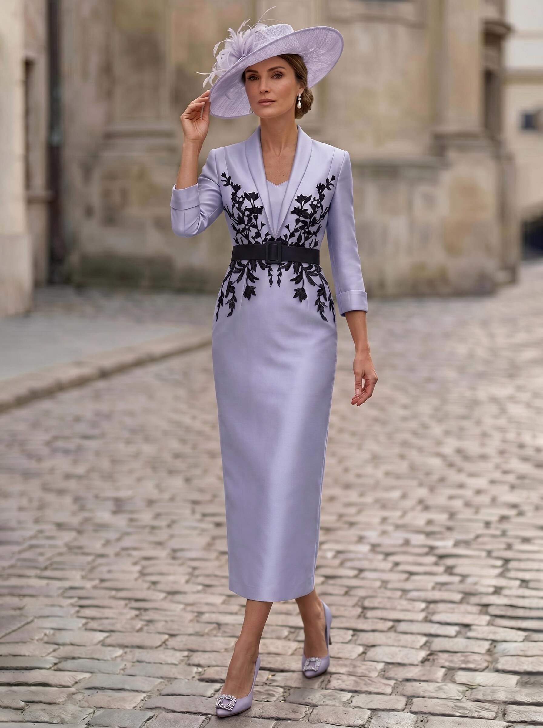 Sheath/Column V-Neck 3/4 Sleeves Tea-Length Satin Mother Of The Bride Dresses