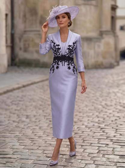 Sheath/Column V-Neck 3/4 Sleeves Tea-Length Satin Mother Of The Bride Dresses