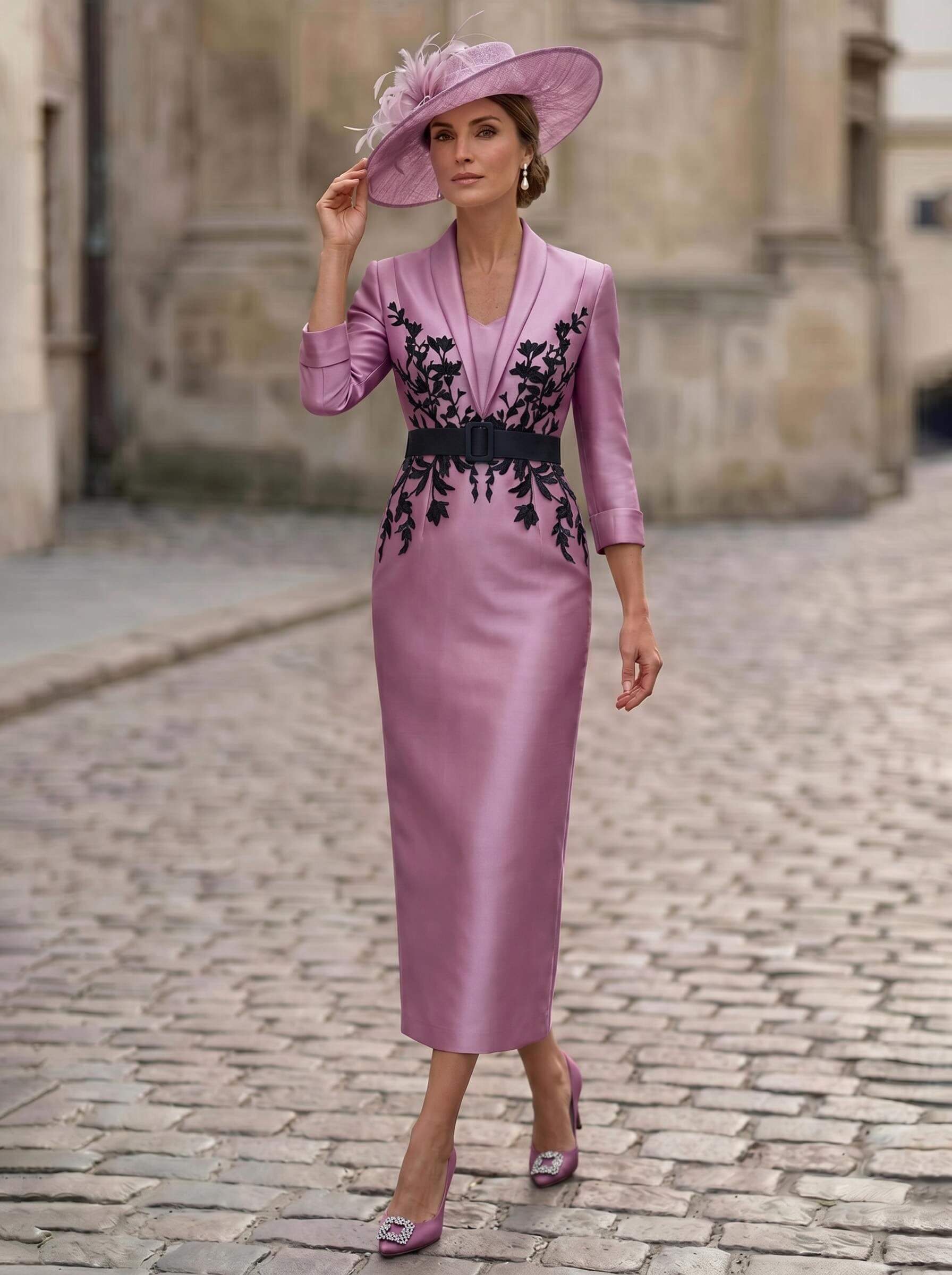 Sheath/Column V-Neck 3/4 Sleeves Tea-Length Satin Mother Of The Bride Dresses