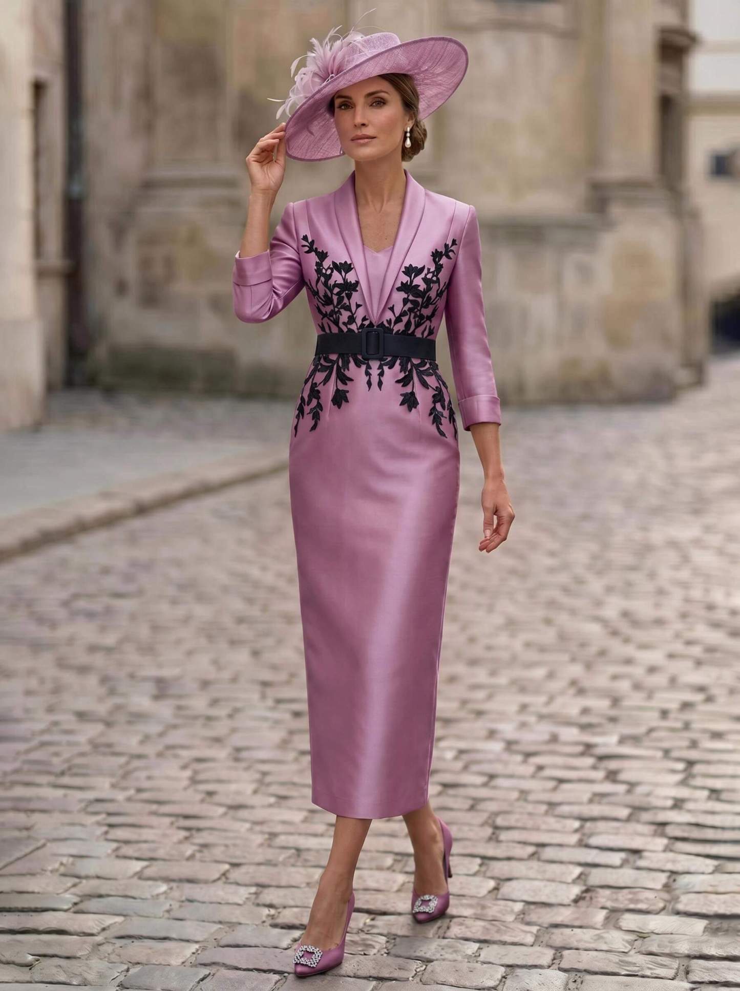 Sheath/Column V-Neck 3/4 Sleeves Tea-Length Satin Mother Of The Bride Dresses