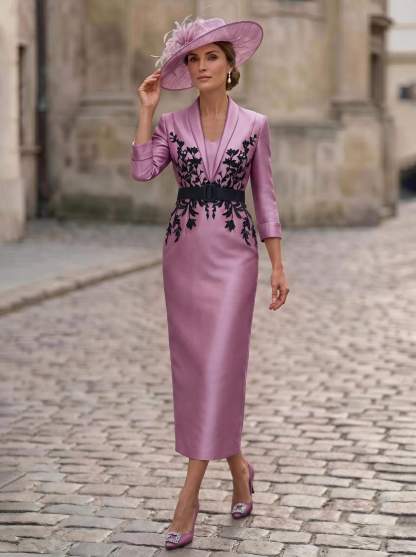 Sheath/Column V-Neck 3/4 Sleeves Tea-Length Satin Mother Of The Bride Dresses