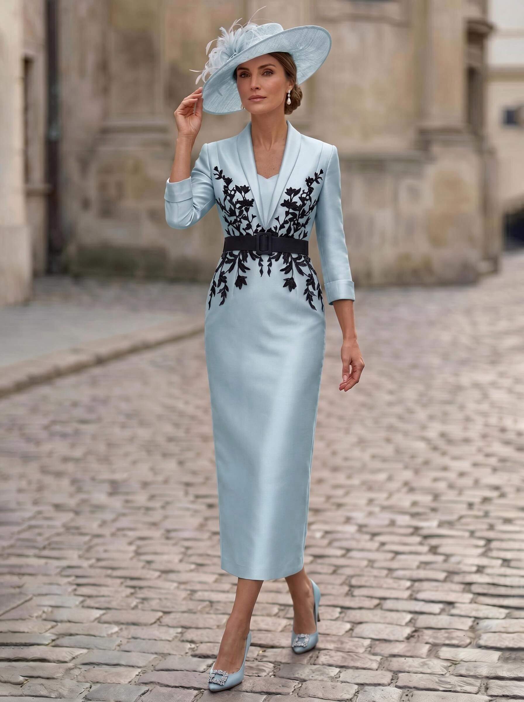Sheath/Column V-Neck 3/4 Sleeves Tea-Length Satin Mother Of The Bride Dresses