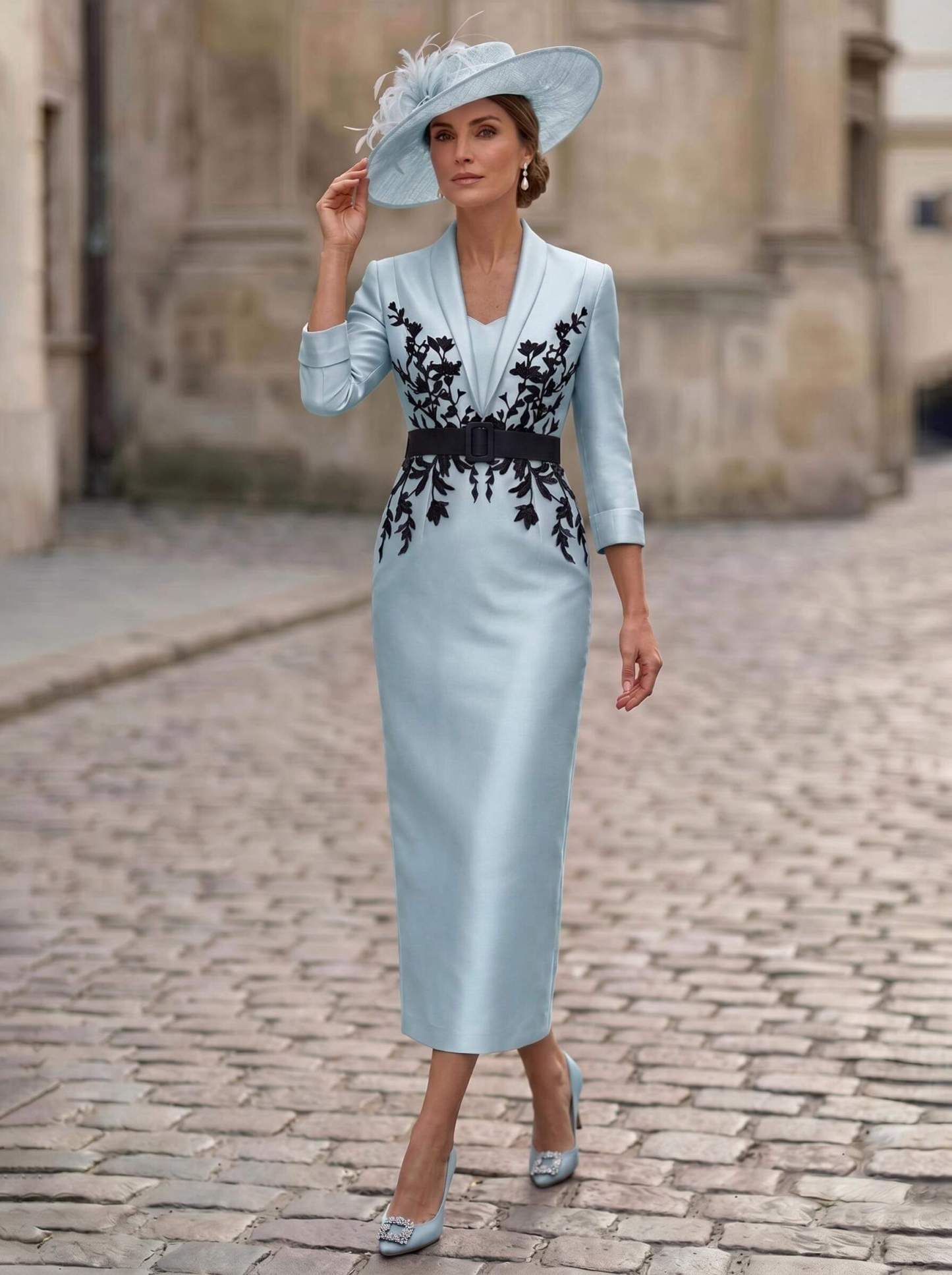 Sheath/Column V-Neck 3/4 Sleeves Tea-Length Satin Mother Of The Bride Dresses