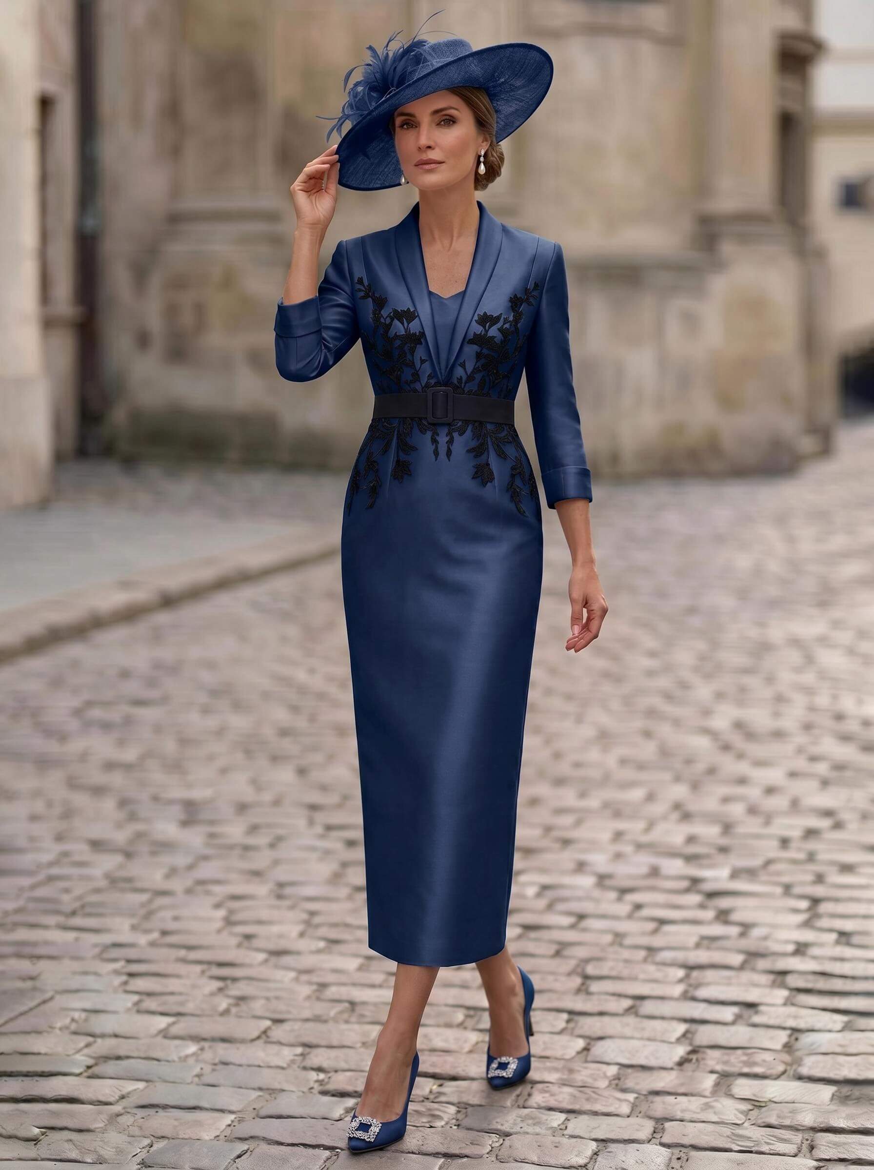Sheath/Column V-Neck 3/4 Sleeves Tea-Length Satin Mother Of The Bride Dresses
