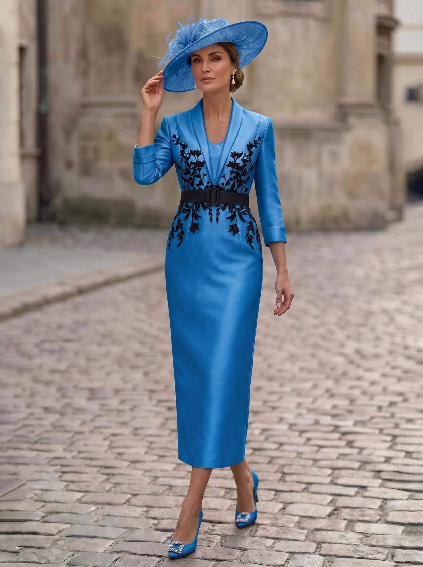 Sheath/Column V-Neck 3/4 Sleeves Tea-Length Satin Mother Of The Bride Dresses