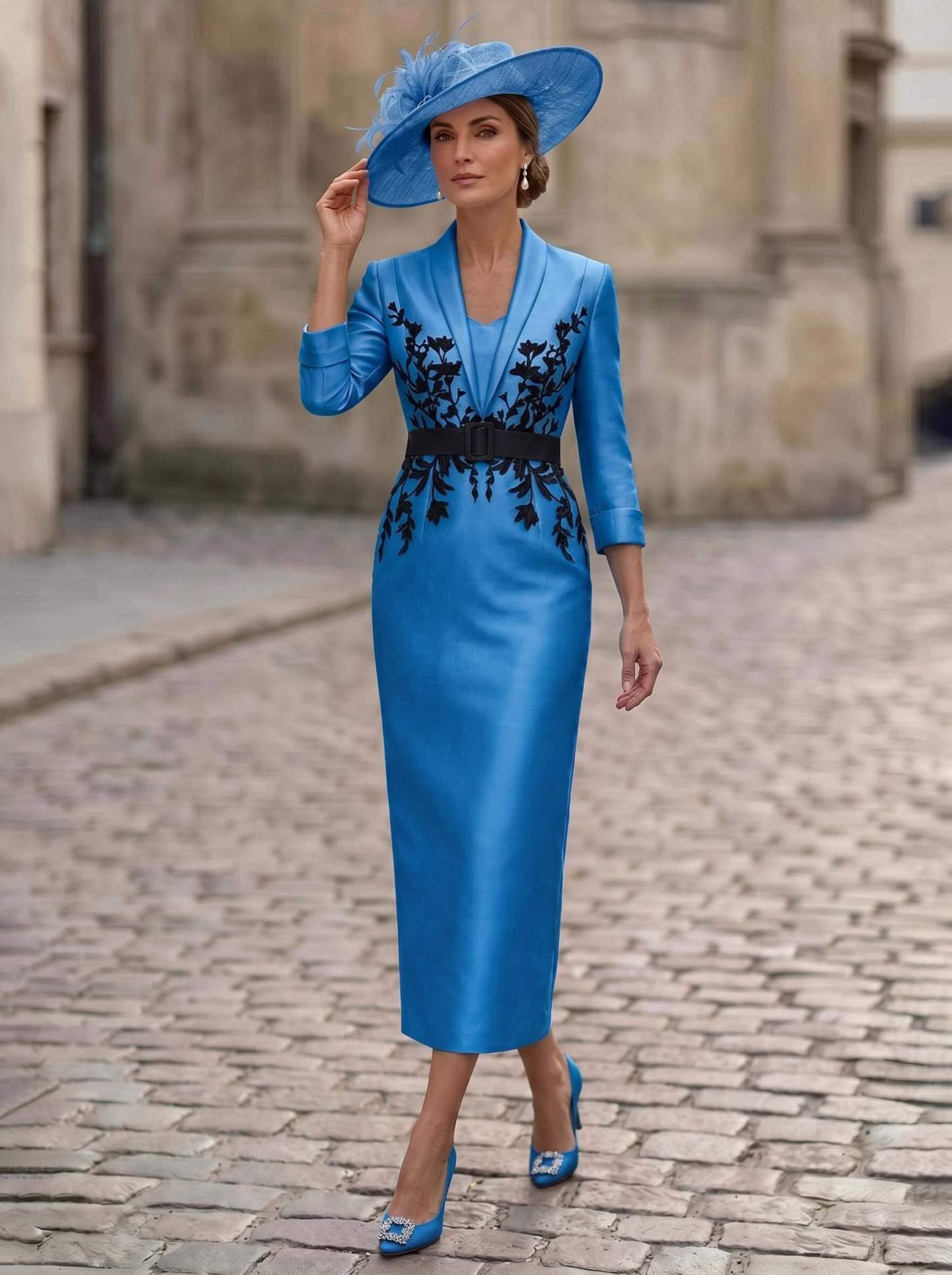 Sheath/Column V-Neck 3/4 Sleeves Tea-Length Satin Mother Of The Bride Dresses