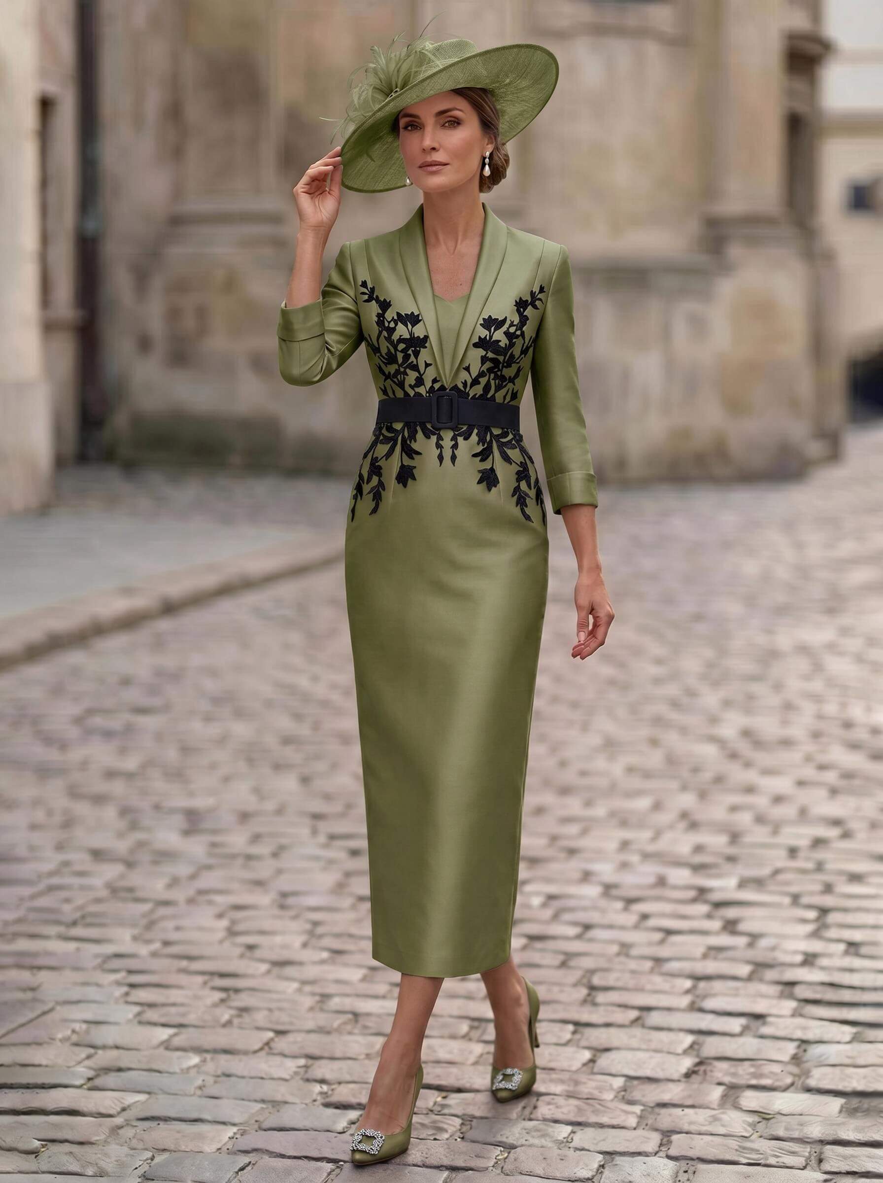 Sheath/Column V-Neck 3/4 Sleeves Tea-Length Satin Mother Of The Bride Dresses