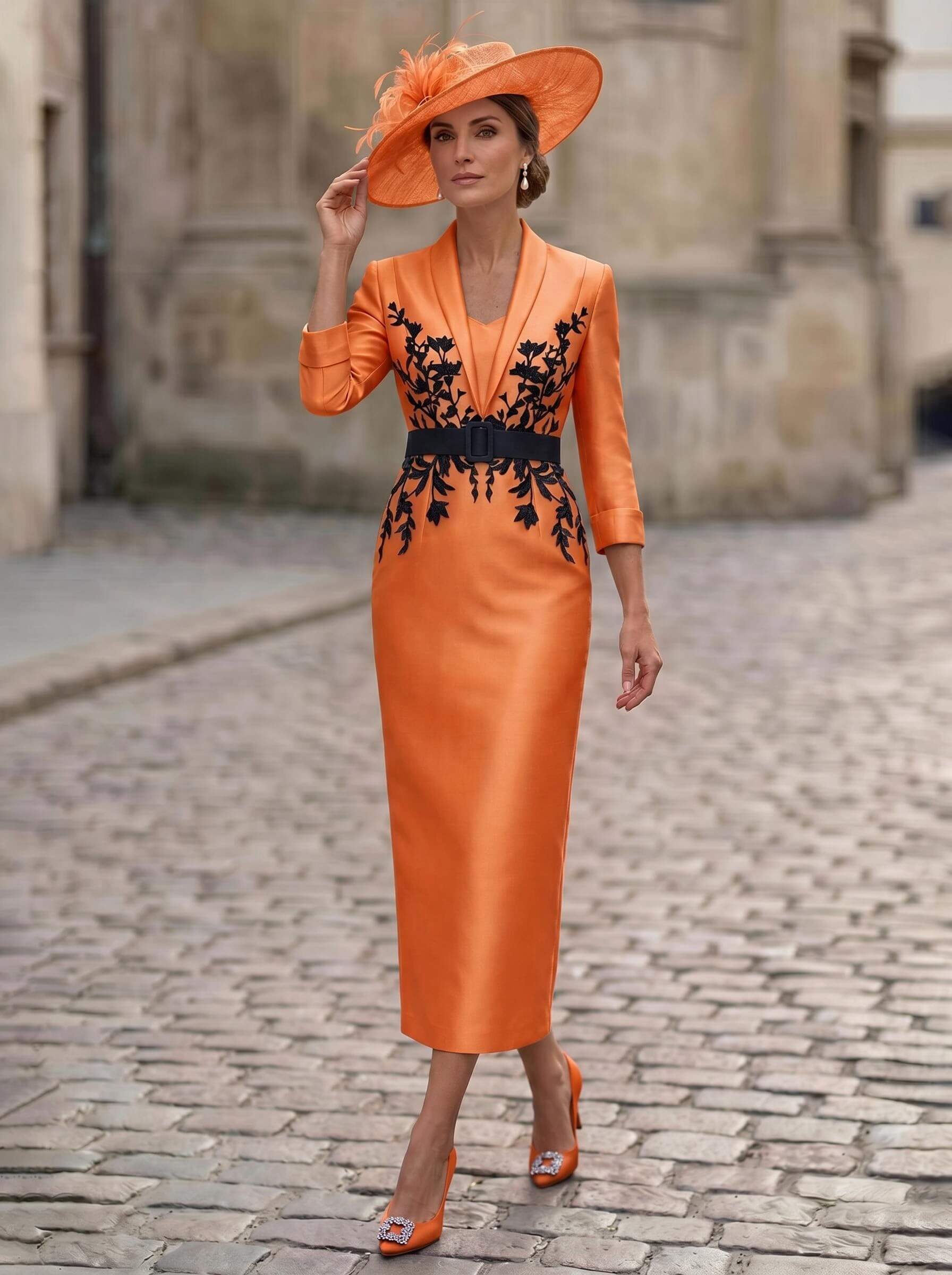 Sheath/Column V-Neck 3/4 Sleeves Tea-Length Satin Mother Of The Bride Dresses