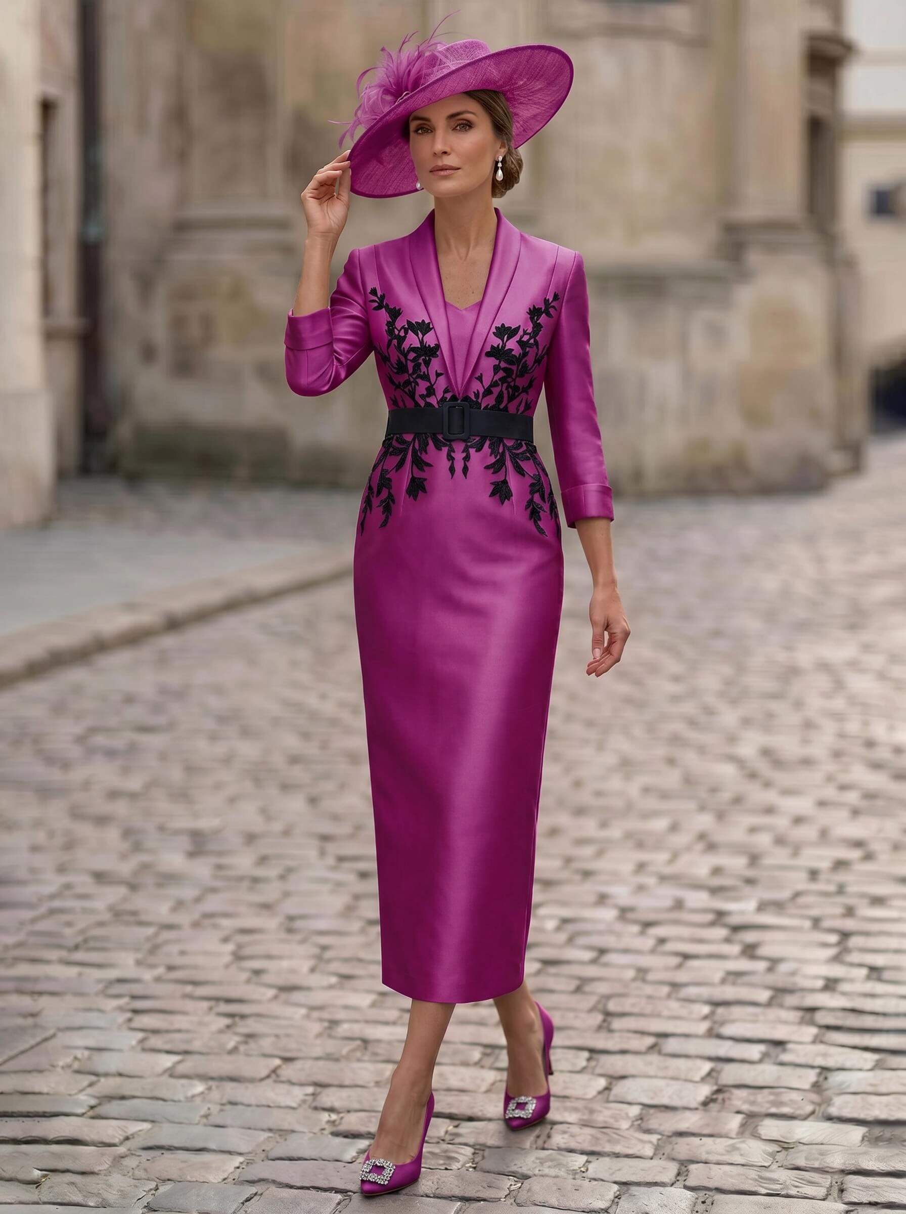 Sheath/Column V-Neck 3/4 Sleeves Tea-Length Satin Mother Of The Bride Dresses