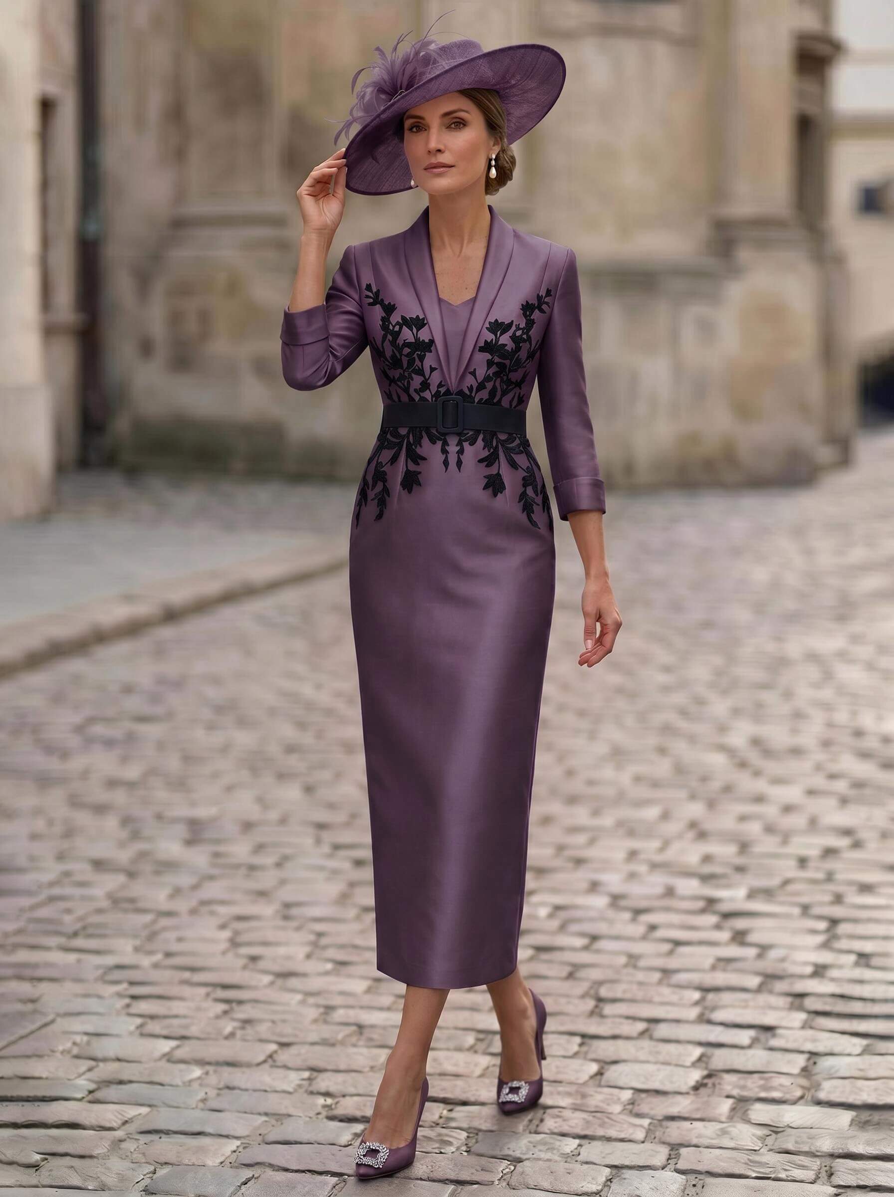 Sheath/Column V-Neck 3/4 Sleeves Tea-Length Satin Mother Of The Bride Dresses