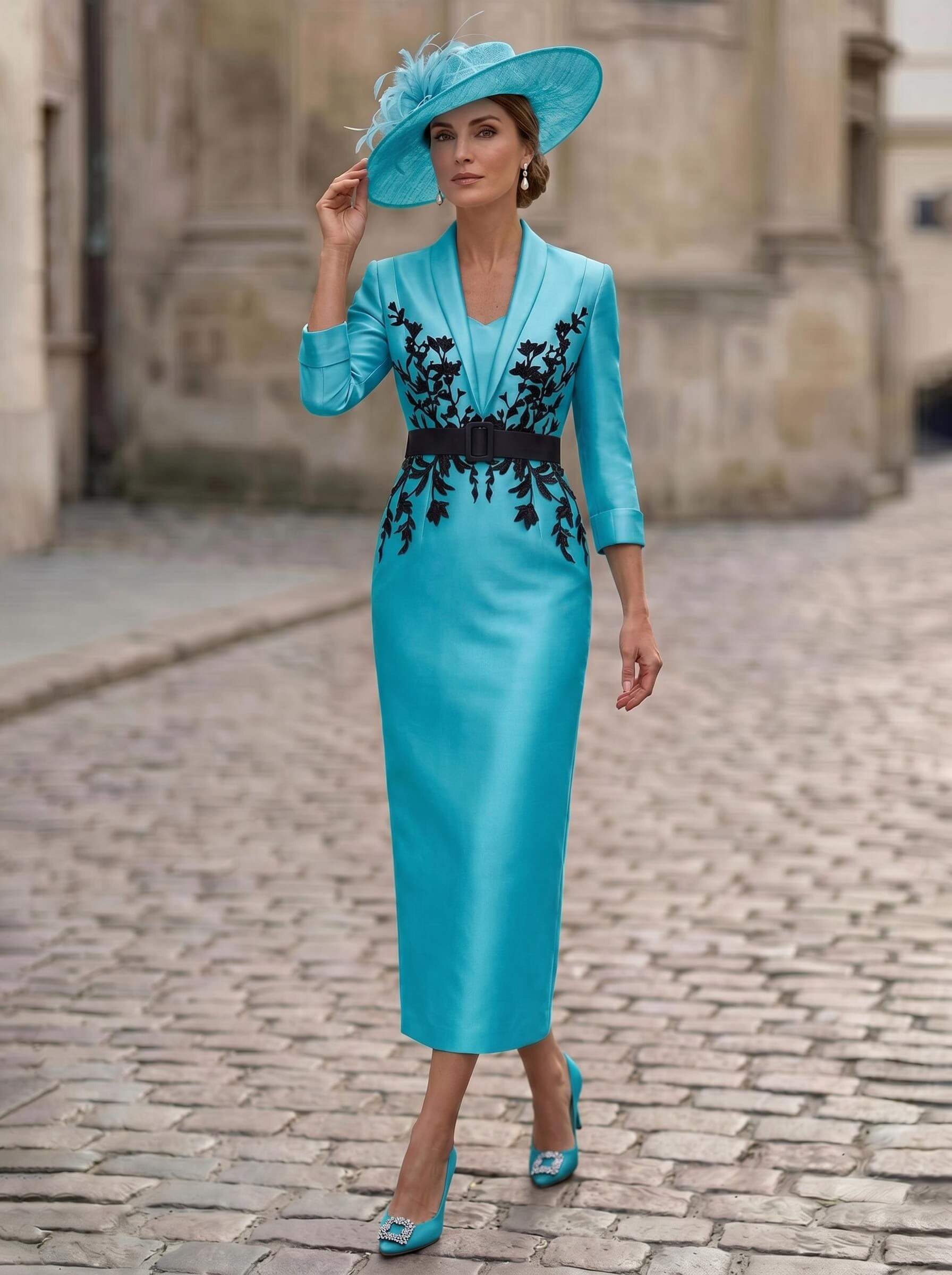 Sheath/Column V-Neck 3/4 Sleeves Tea-Length Satin Mother Of The Bride Dresses