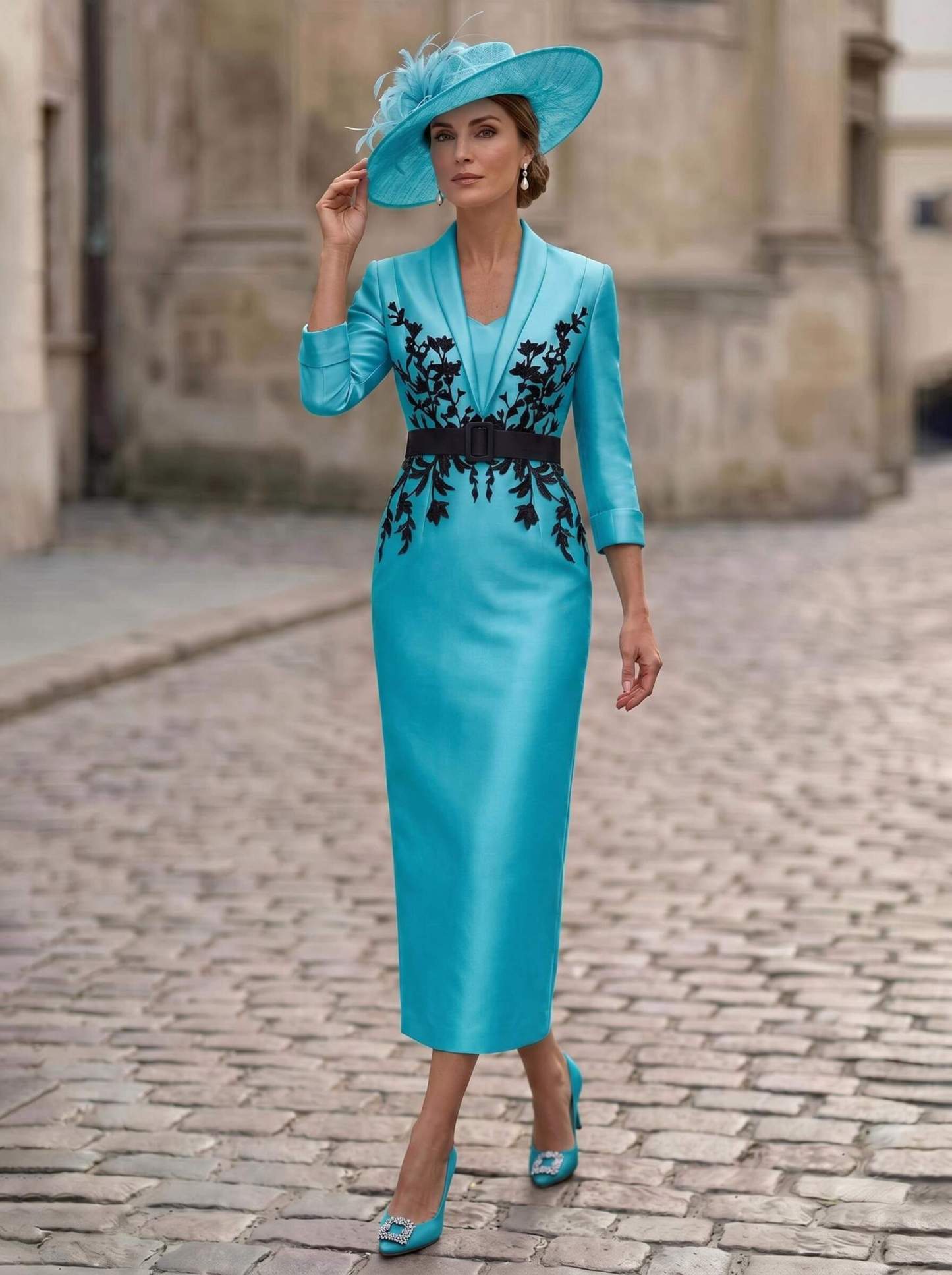 Sheath/Column V-Neck 3/4 Sleeves Tea-Length Satin Mother Of The Bride Dresses