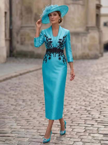 Sheath/Column V-Neck 3/4 Sleeves Tea-Length Satin Mother Of The Bride Dresses
