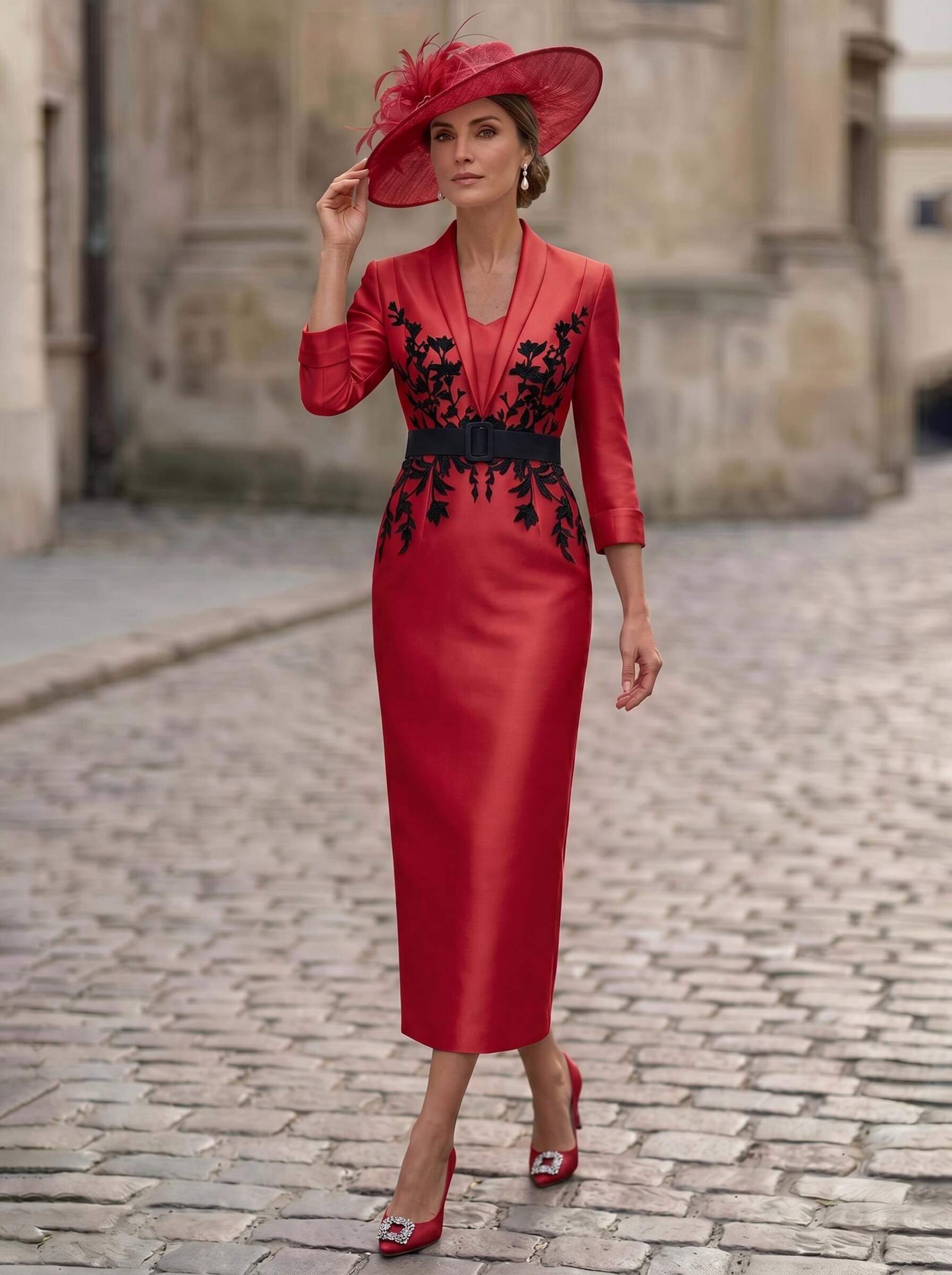 Sheath/Column V-Neck 3/4 Sleeves Tea-Length Satin Mother Of The Bride Dresses