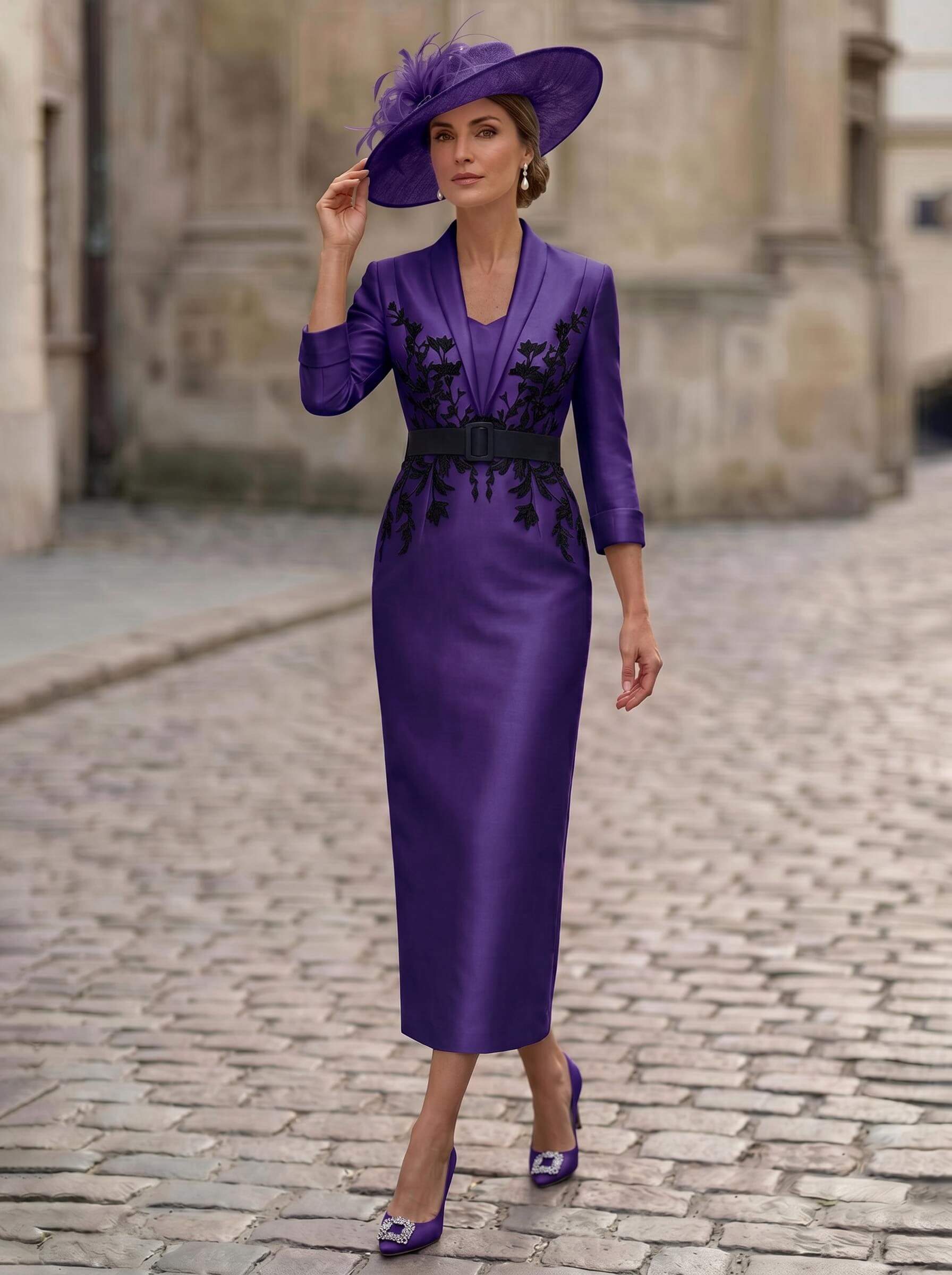 Sheath/Column V-Neck 3/4 Sleeves Tea-Length Satin Mother Of The Bride Dresses
