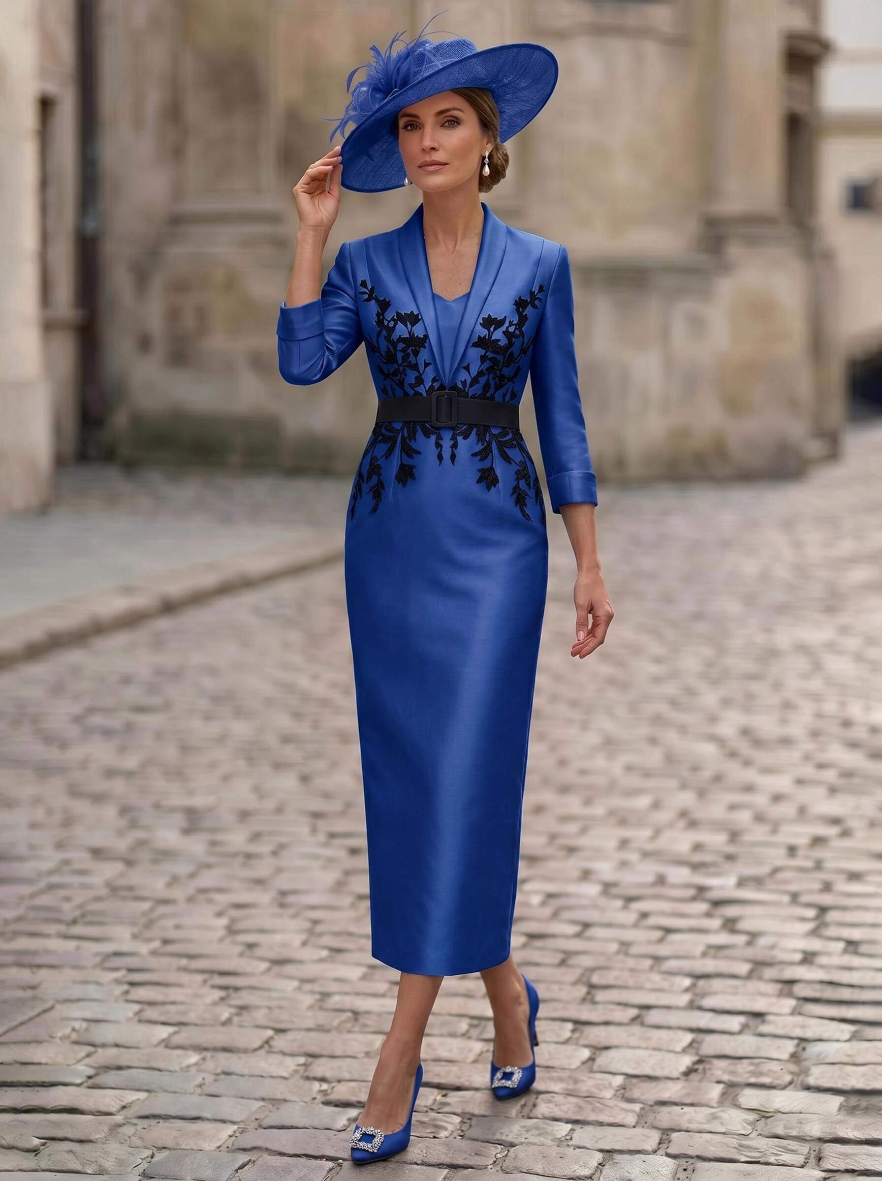 Sheath/Column V-Neck 3/4 Sleeves Tea-Length Satin Mother Of The Bride Dresses