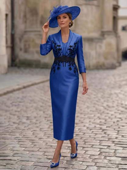 Sheath/Column V-Neck 3/4 Sleeves Tea-Length Satin Mother Of The Bride Dresses