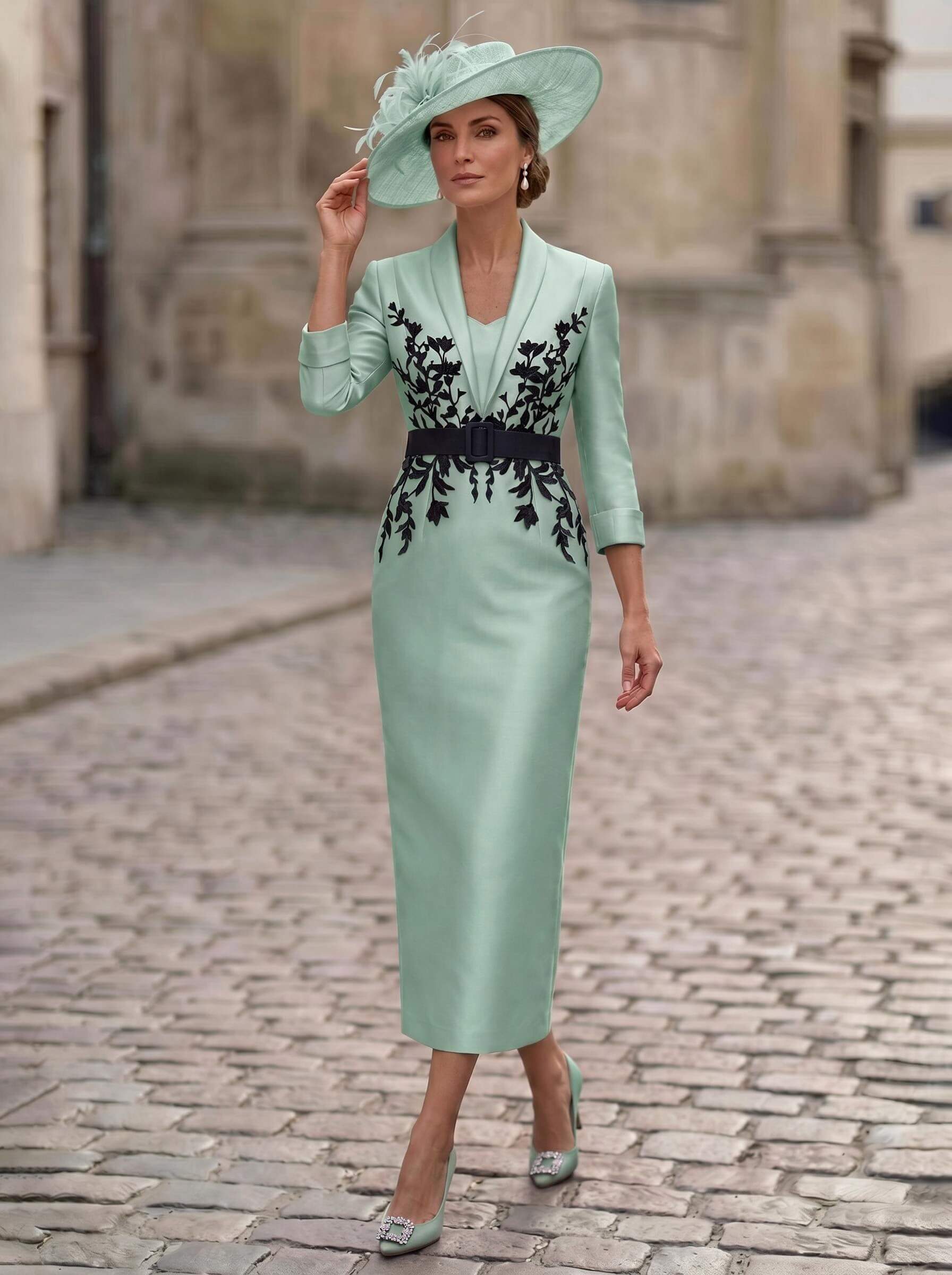 Sheath/Column V-Neck 3/4 Sleeves Tea-Length Satin Mother Of The Bride Dresses