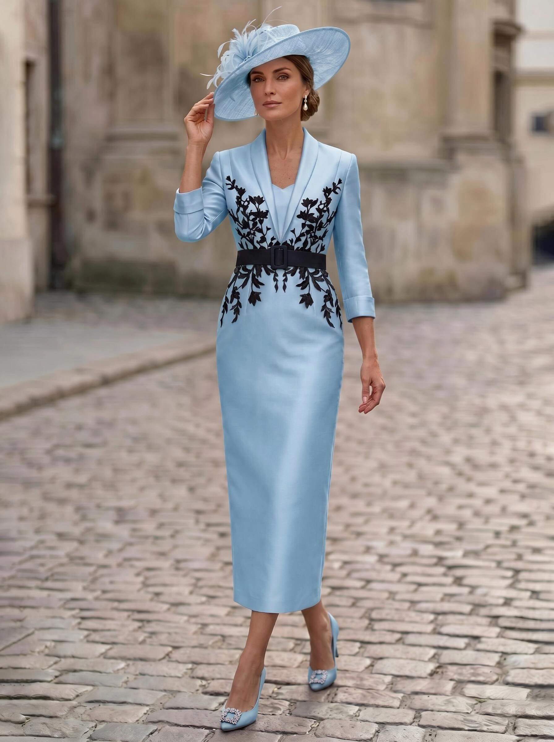 Sheath/Column V-Neck 3/4 Sleeves Tea-Length Satin Mother Of The Bride Dresses