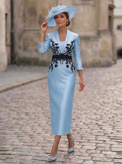 Sheath/Column V-Neck 3/4 Sleeves Tea-Length Satin Mother Of The Bride Dresses