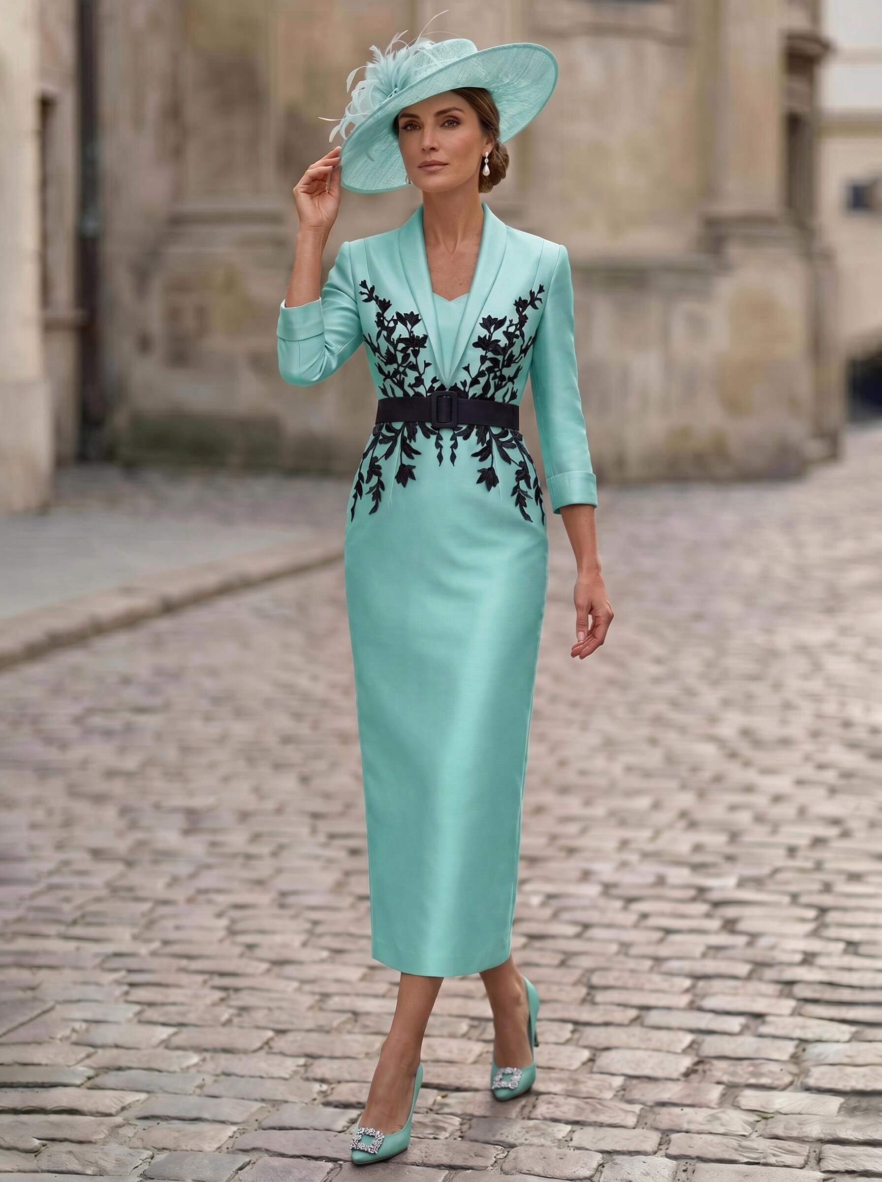 Sheath/Column V-Neck 3/4 Sleeves Tea-Length Satin Mother Of The Bride Dresses