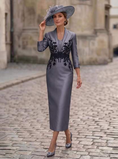 Sheath/Column V-Neck 3/4 Sleeves Tea-Length Satin Mother Of The Bride Dresses