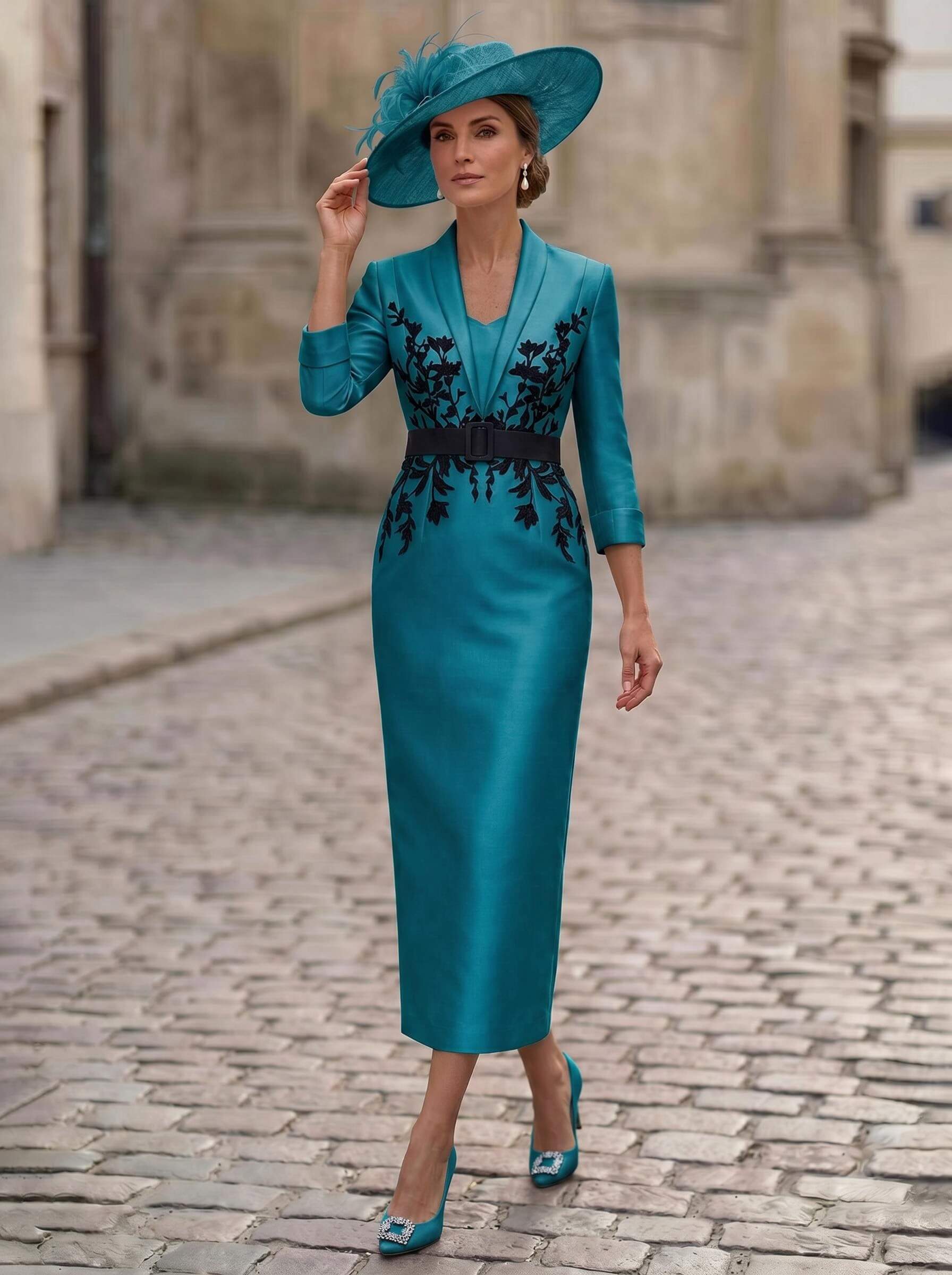 Sheath/Column V-Neck 3/4 Sleeves Tea-Length Satin Mother Of The Bride Dresses