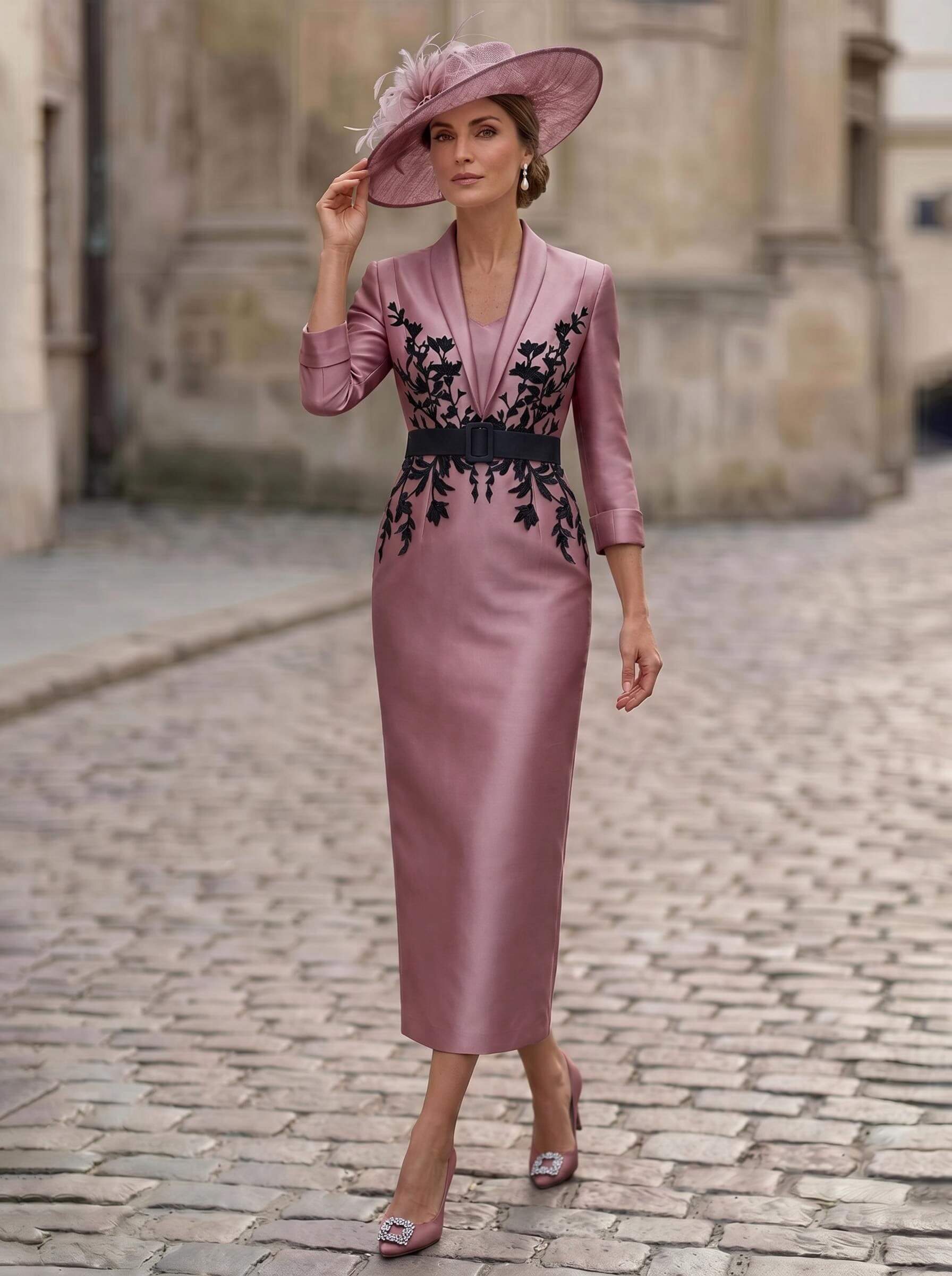 Sheath/Column V-Neck 3/4 Sleeves Tea-Length Satin Mother Of The Bride Dresses