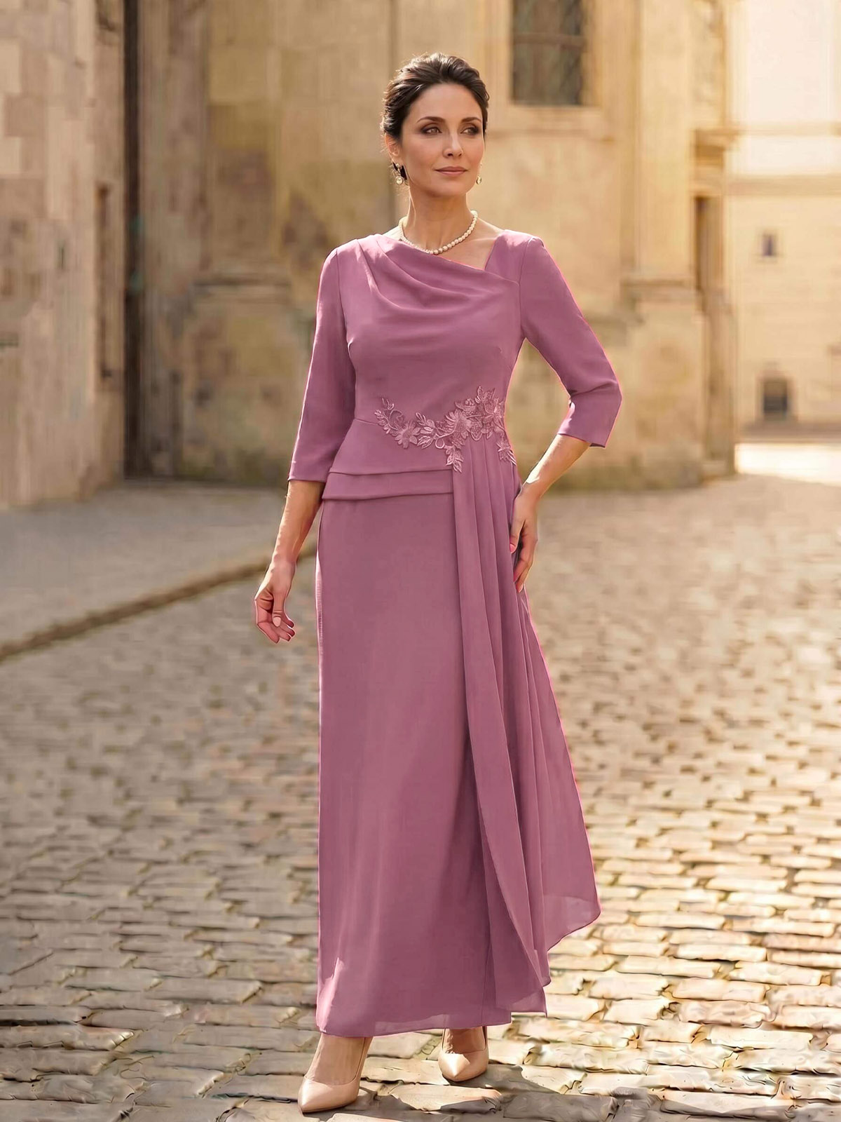 Sheath/Column Asymmetrical 3/4 Sleeves Elastic Satin Mother Of The Bride Dresses, image 1