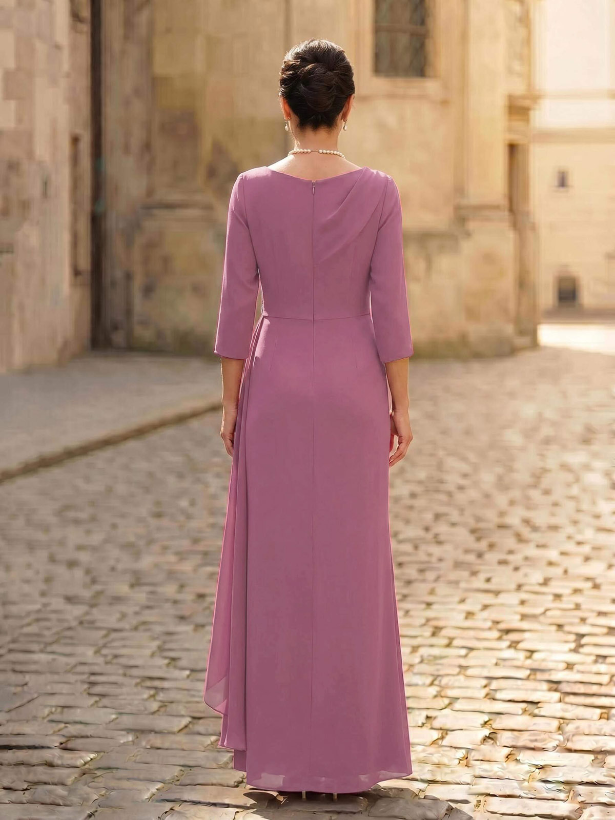 Sheath/Column Asymmetrical 3/4 Sleeves Elastic Satin Mother Of The Bride Dresses, image 2
