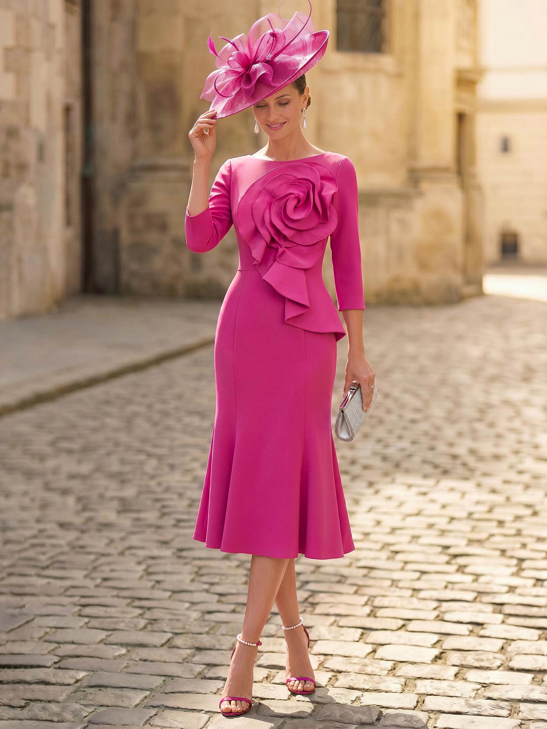 Trumpet/Mermaid Scoop Neck Tea-Length Elastic Satin Mother Of The Bride Dresses With Flower(s), image 1